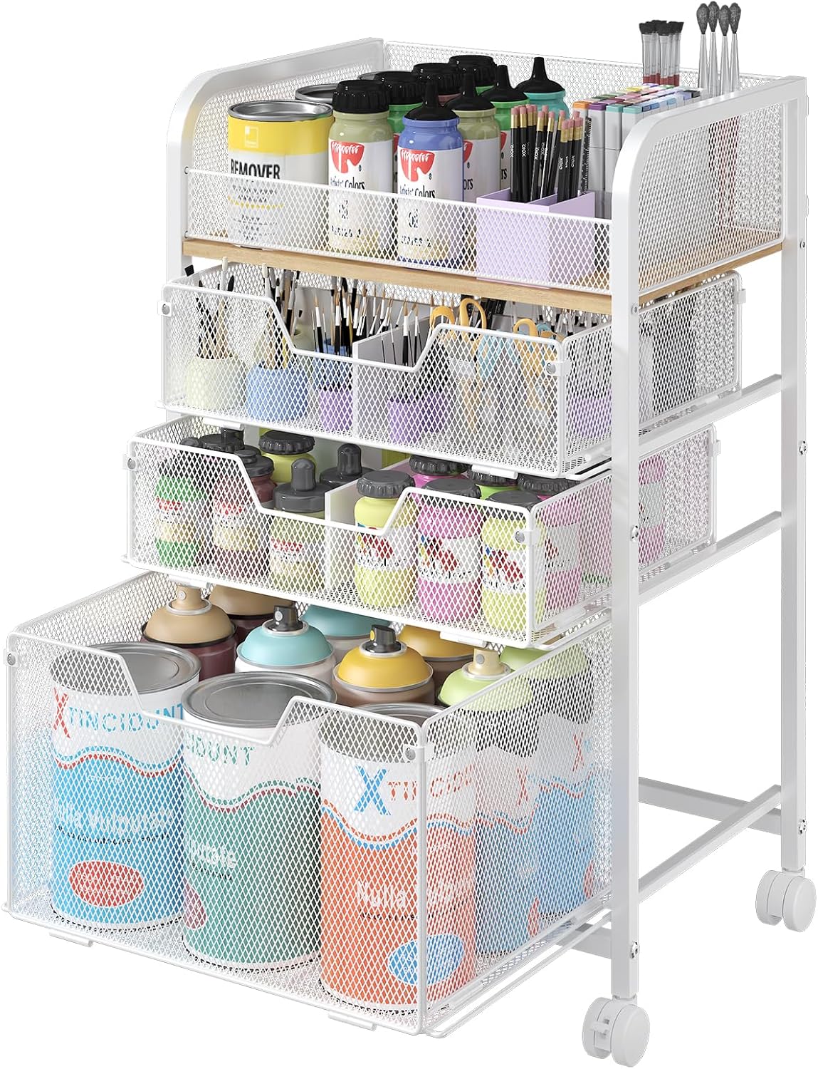 4-Tier Rolling Utility Cart with 3 Drawers - White Craft Organizers and Storage with DIY Dividers, Under Desk Art Supply Storage Organizer with 360° Lockable Wheels for Brushes Artifacts Small Parts