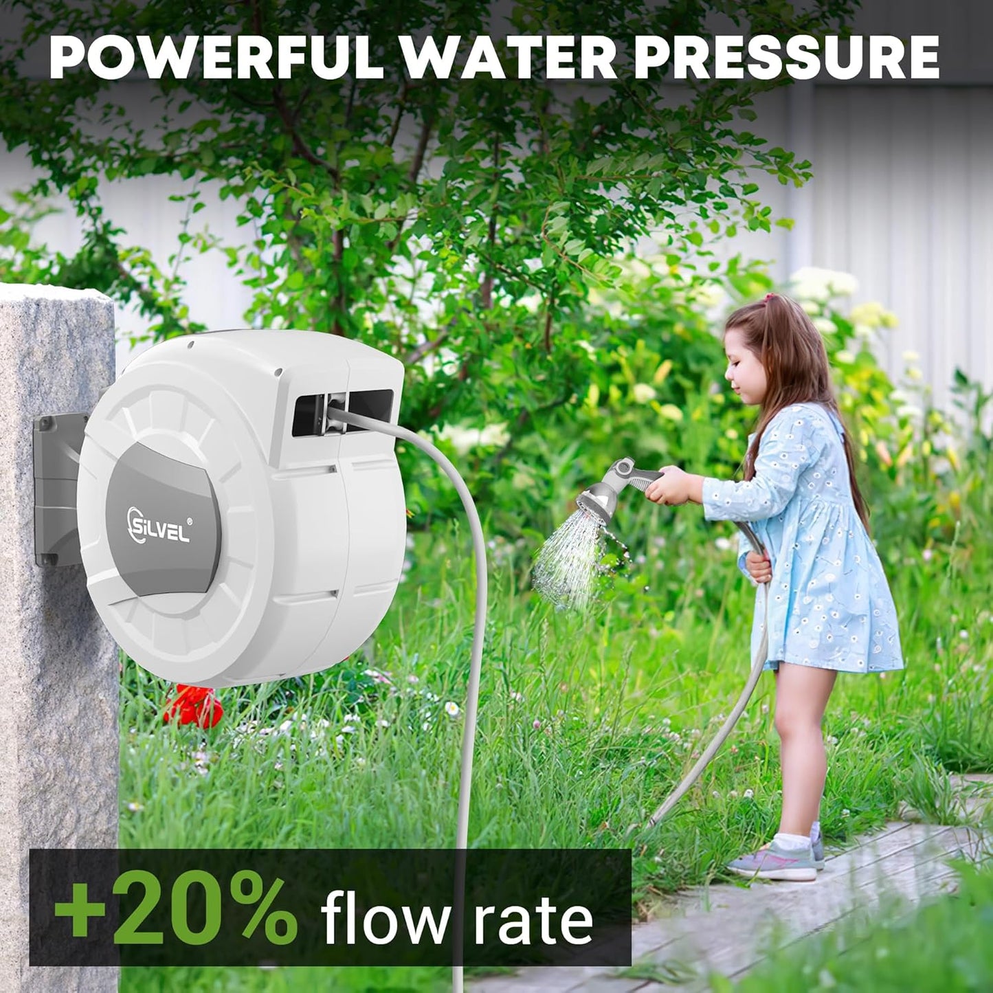 SILVEL 1/2 in x 130 FT Retractable Garden Hose Reel, Upgraded UV Resistant Heavy Duty Automatic Hose Reel Wall Mount with 10 Pattern Nozzle, Any Length Lock & Slow Return System, 180°Swivel Bracket