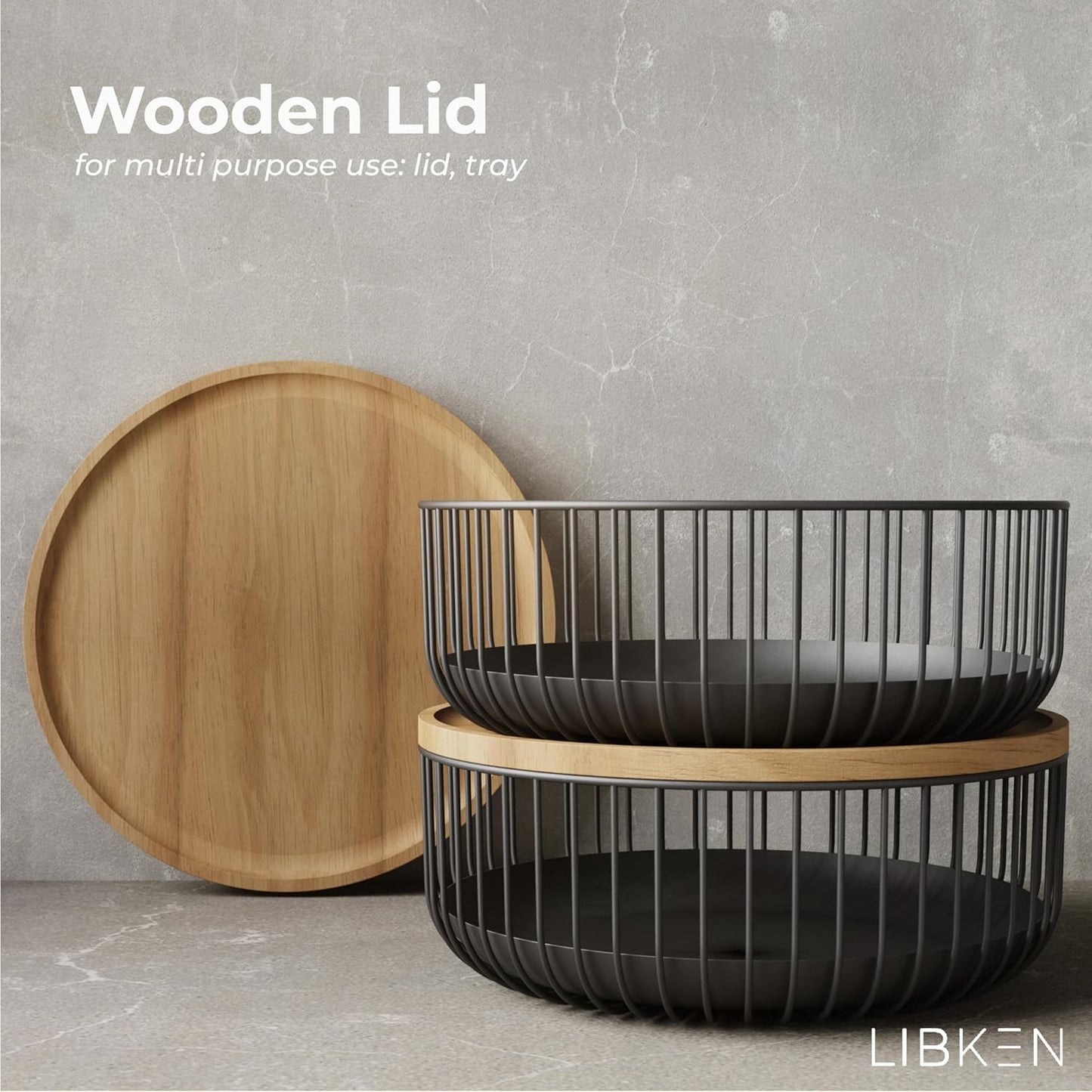 Fruit Basket with Wooden Bamboo Lid - Fruit Bowl For Kitchen Counter - Countertop Bin for Produce Fruits, Potato and Veggie - Metal Wire Baskets For organizing - 11.4"x11.4"x4.5" - Black