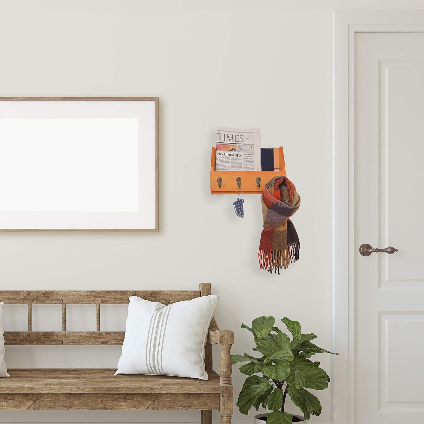 Flintar Wall Mounted Key and Mail Holder with 4 Hooks. Made of Solid Wood. Use as Key Rack, Entryway or Mudroom Organizer, Mail Sorter, Magazine Holder, Bill Sorter, Rustic Home Décor (Oak)