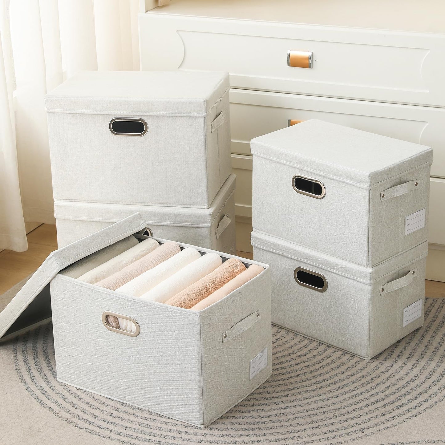 PRANDOM Large Collapsible Storage Bins with Lids [3-Pack] Fabric Foldable Storage Boxes Organizer Containers Baskets Cube with Cover for Home Bedroom Closet Office Beige(17.3x11.8x11.8)