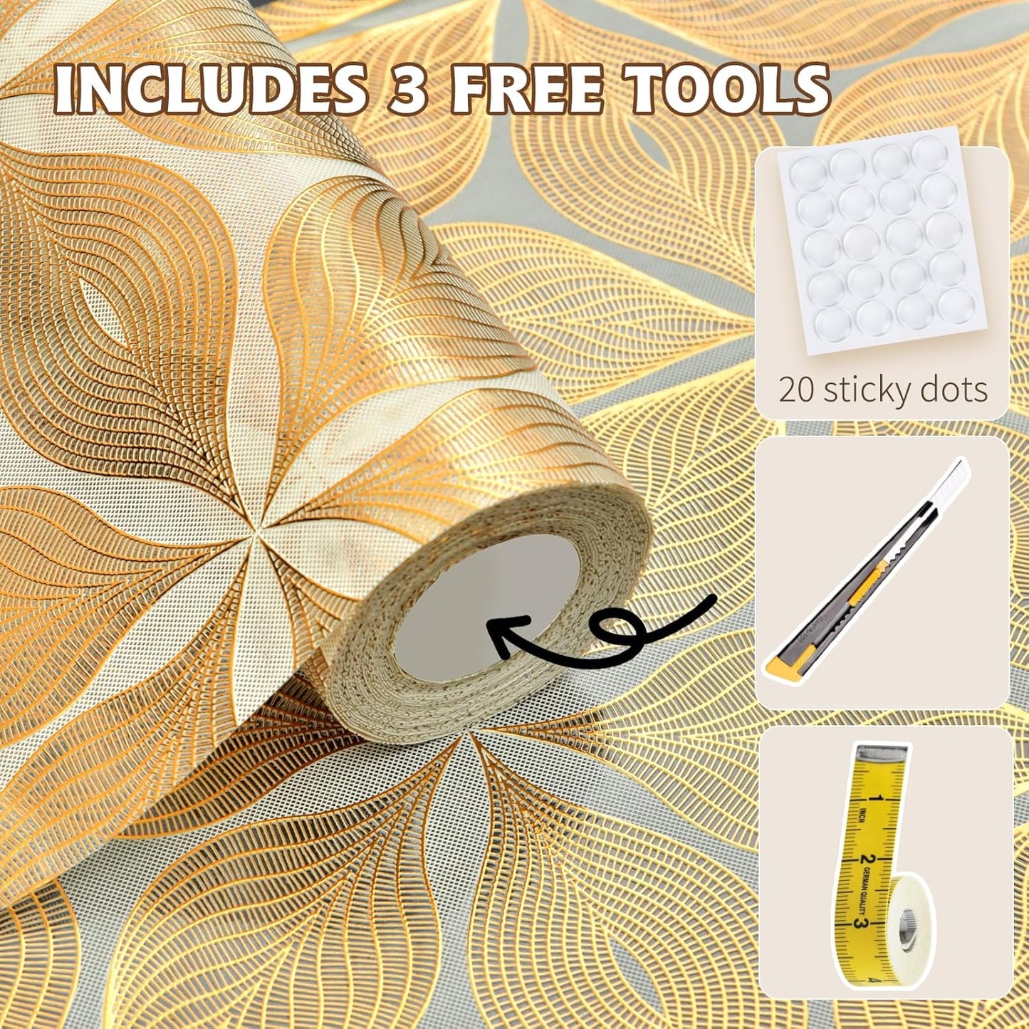 Drawer and Shelf Liner for Kitchen Cabinet,Non-Adhesive Waterproof Drawer Liner for Dresser & Bathroom Vanities with Adhesive Dots & Cutting Tool(18 in X 20 Ft Gold Leaf Pattern)