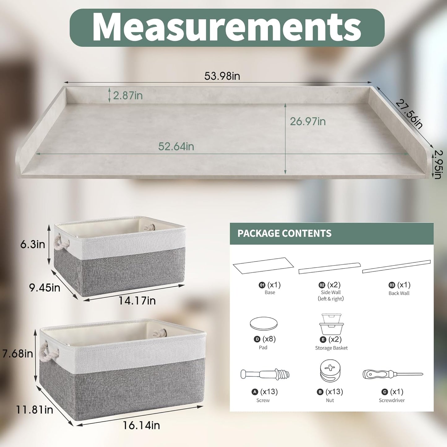 Washer Dryer Countertop with 2 Pack Storage Baskets, Wood Washer and Dryer Countertop with Non-Slip Pads/Edge Rails for Laundry Room Storage and Organization, 27.5" W x 54" L(Light Grey Marble)
