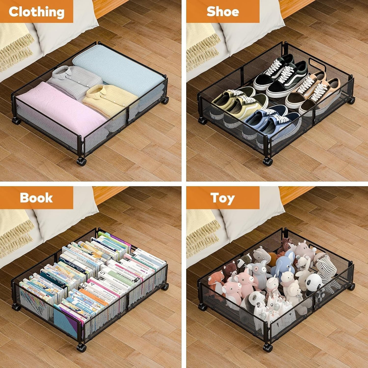 Under Bed Storage with Wheels, Rolling Under Bed Storage Storage Bins for Shoes Clothes, Foldable and Easy Mobility (2 Pack, Black)