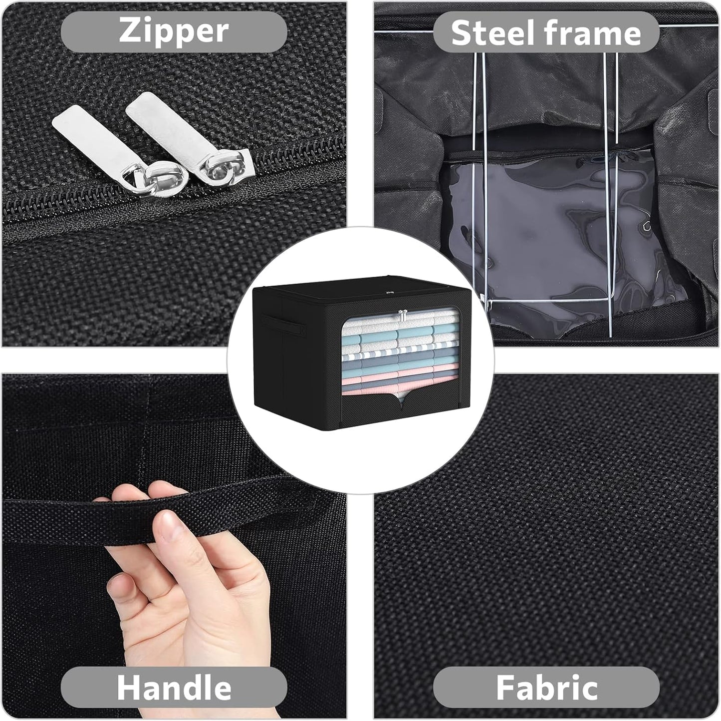 FHSQX 3 Pack Clothes Storage Bins Foldable Metal Frame Storage Box Stackable Linen Fabric Organizer Set with Carrying Handles and Clear Window (Black, 15.7x11.8x7.8inch(22L))