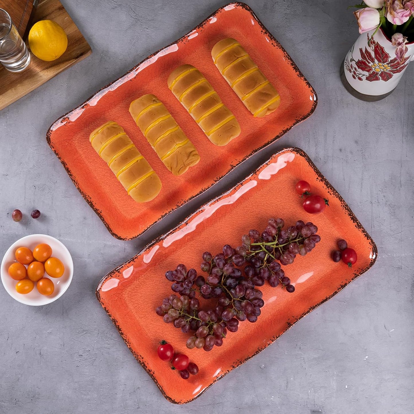 LEHAHA Melamine Serving Tray/Platters Set of 2, 17.5" x 10", 2-Piece Large Rectangular Melamine Platter Set for Serving Food, Orange
