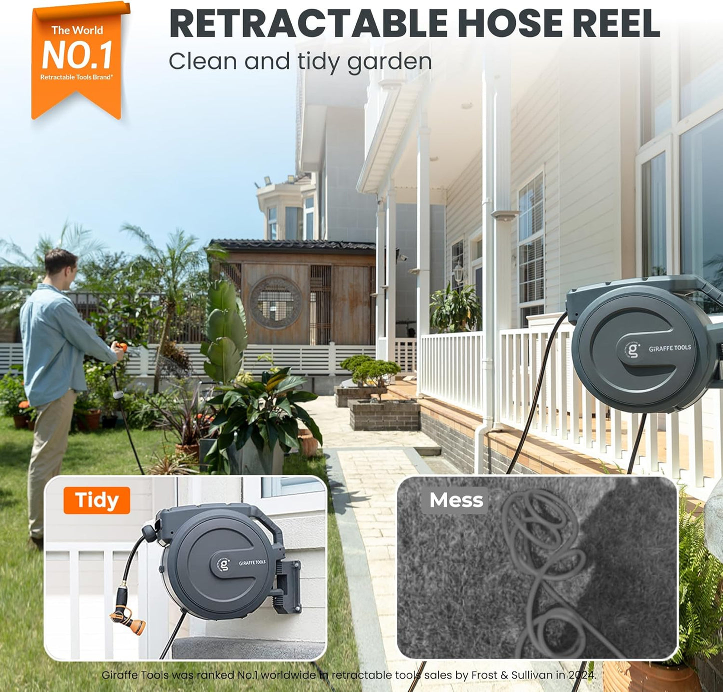 Giraffe Tools AW30 1/2MB Retractable Garden Hose Reel 1/2" x 100 ft PRO Metal Bracket, Heavy Duty, Any Length Lock Hose Reel, 100 ft, Dark Grey