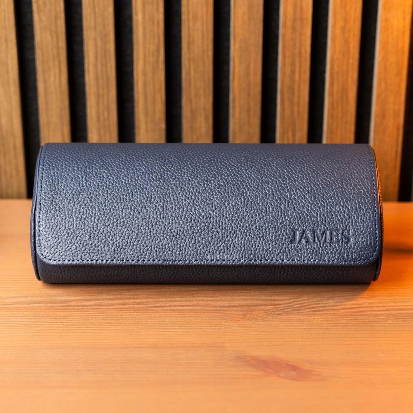 DailyWatch | Personalized Watch Roll Travel Case For 3 Watches - Handmade Genuine Leather Travel Case With Custom Engraving of Name or Initials - Navy Blue Litchi