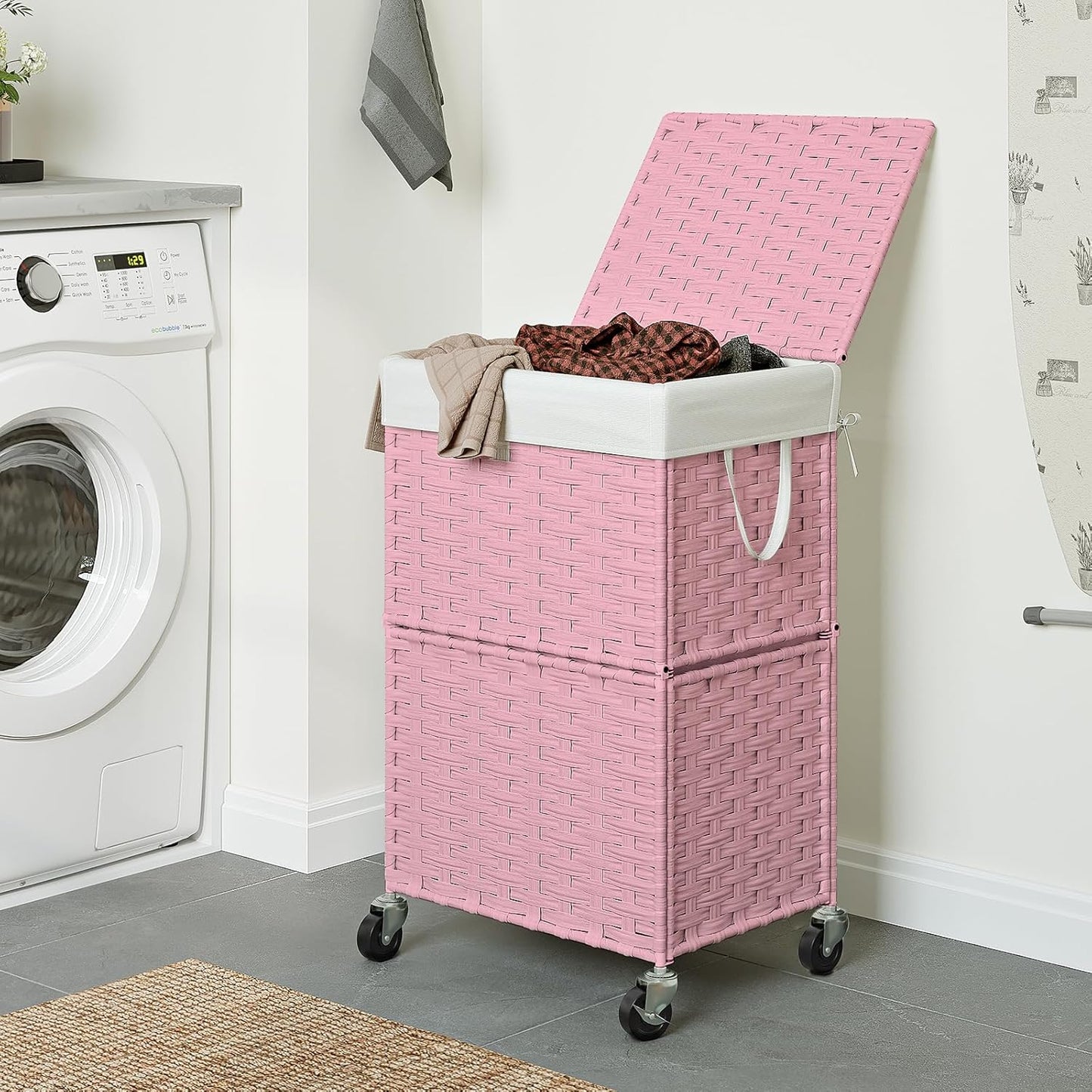 Chrislley 90L Slim Laundry Hamper with Wheels, Rolling Laundry Basket with Lid and Renovable Liner Bag, Handwoven Rattan Organizer for bedroom, bathroom, laundry room (Pink)