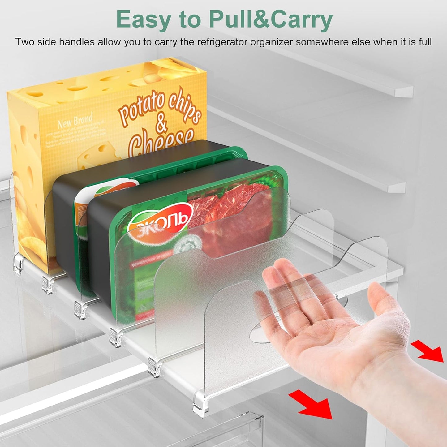 Freezer Organizer 12” Visible Fridge Organizer Rack with Removable Dividers and Handles, Freely Adjustable, Fits Refrigerator Frozen Meals, Lunch Meat Box, Cheeses(White)