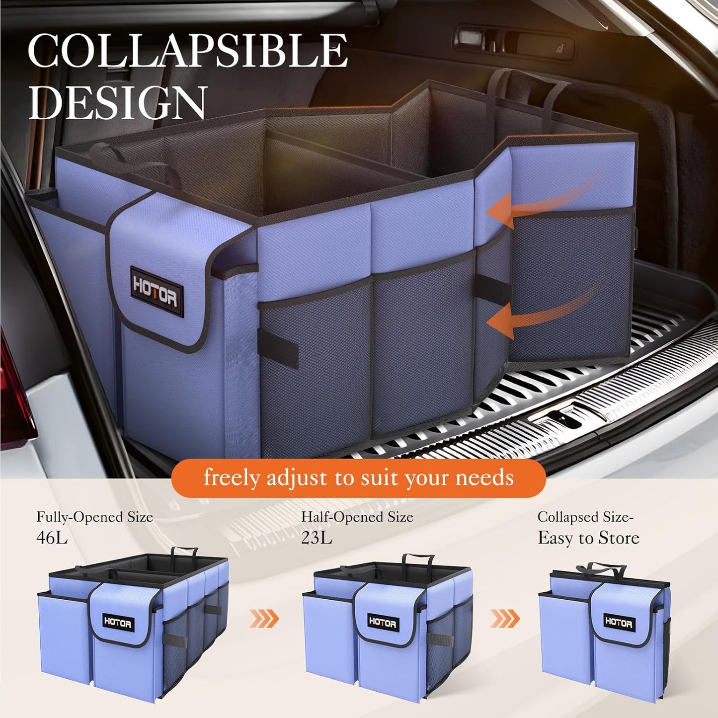 HOTOR Large-Capacity Trunk Organizer - Foldable for SUVs & Sedans, Sturdy Organization for Car Accessories, Tools, Sundries, Blue, 2 Compartments, US11032