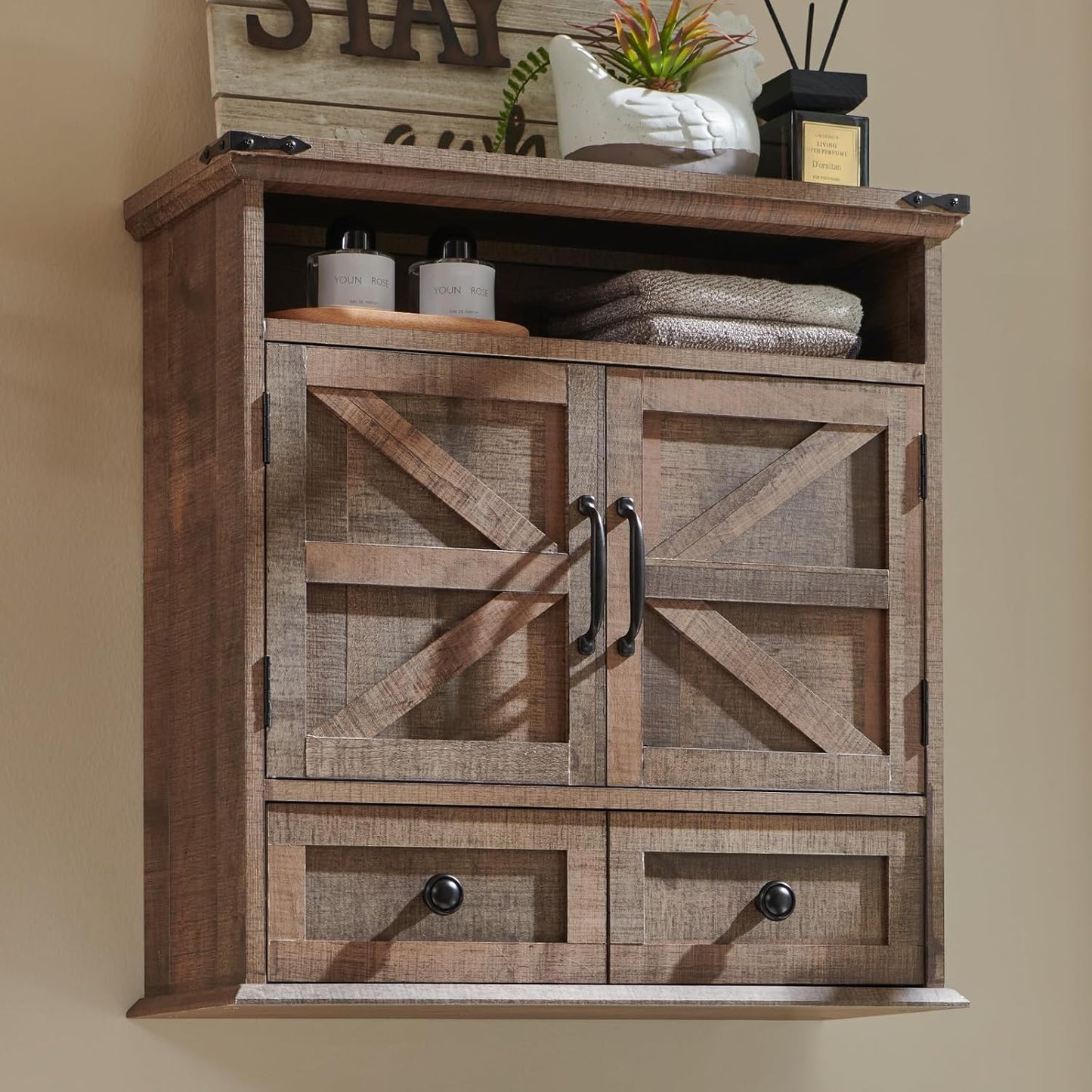 ACCOHOHO Bathroom Wall Cabinet, Farmhouse 24" Wide Medicine Cabinet with Drawer, Adjustable Shelf, Double Barn Doors, Storage Cabinets for Bathroom, Kitchen, Living Room, Rustic Brown