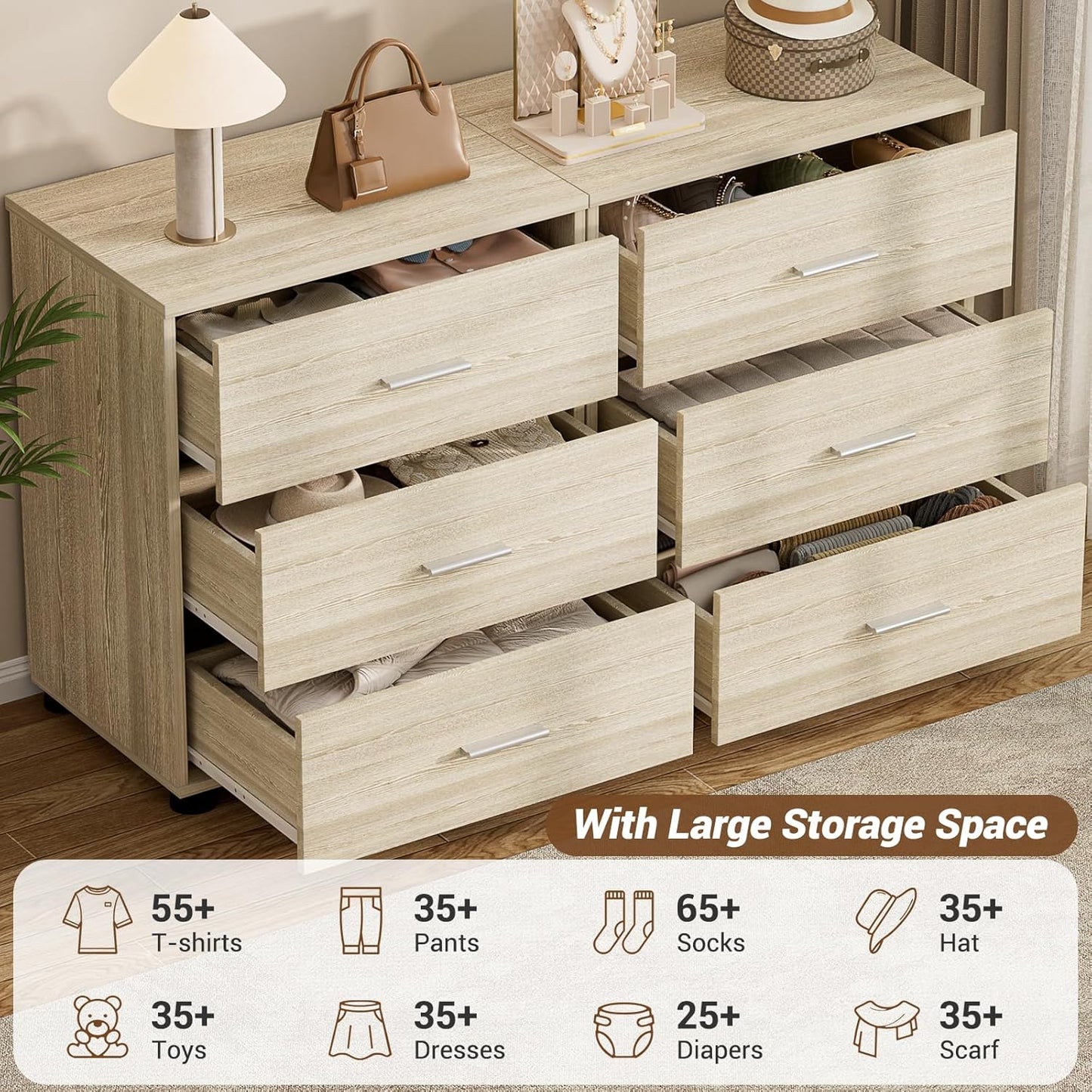 Aheaplus Closet Drawers Set of 2, Wood Closet Organizers and Storage with 3 Drawers, Closet Drawers Organizer System, Nightstands Bedside End Table with 3 Drawers Storage for Bedroom, White Oak