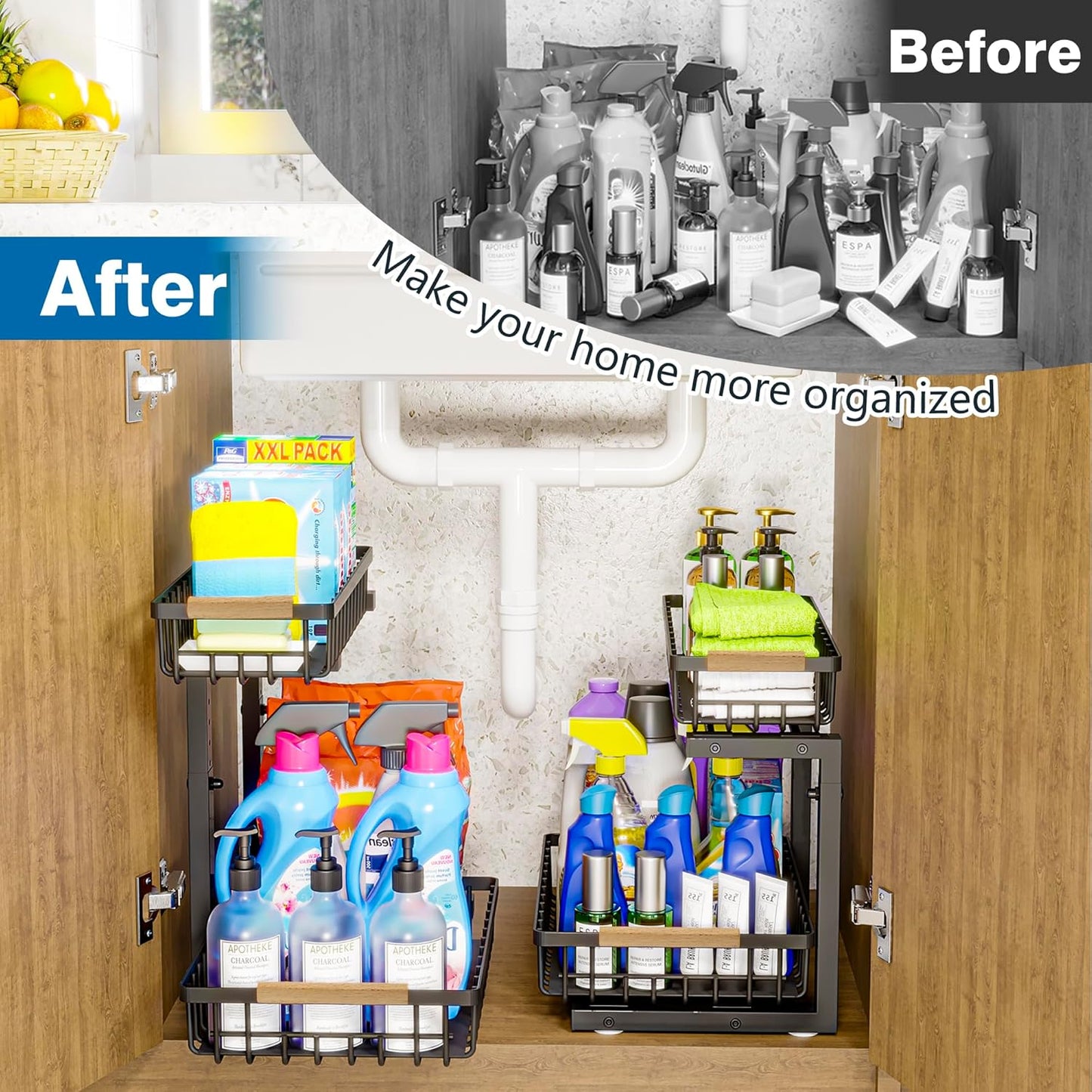 Under Sink Organizers, 2 Tier Pull Out Under Cabinet Organizer，Height Adjustable Pull Out Cabinet Drawers, Metal Sliding Drawer for Kitchen Bathroom Pantry Cabinet Closet Organization Rack，2 Packs