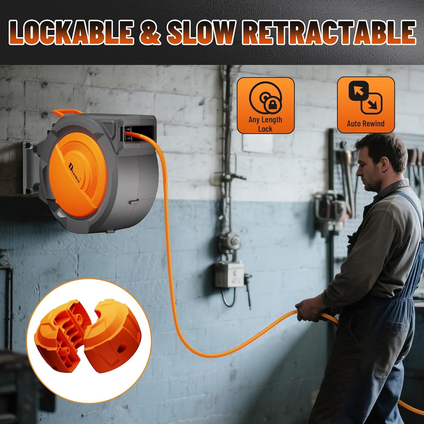 Retractable Air Hose Reel, 3/8" x 120ft Hybrid Hose, Auto Rewind Enclosed Air Compressor Hose Reel with 180° Swivel Bracket, Max 300 PSI Any Length Lock for Garage & Workshop