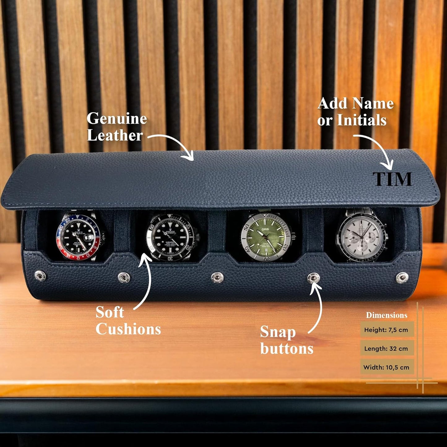 DailyWatch | Personalized Watch Roll Travel Case For 4 Watches - Handmade Genuine Leather Travel Case With Custom Engraving of Name or Initials - Navy Blue