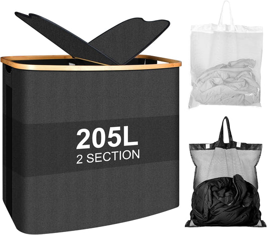 Large Laundry Hamper with Lid 205L,Collapsible 2-Section Dirty Clothes Basket Organizer for Bathroom, Bedroom & Laundry Room - Waterproof, Easy Sort, Foldable Storage Solution