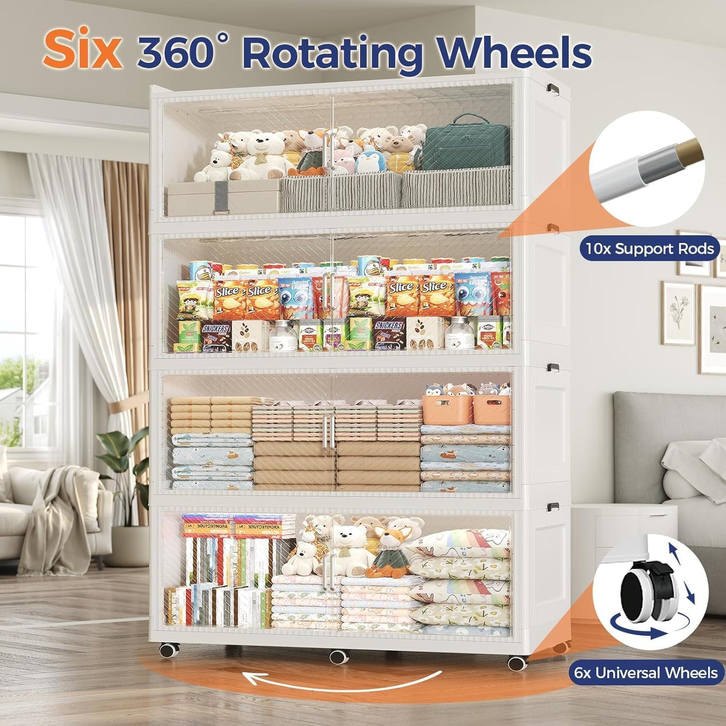 320GAL Extra Large Storage Bins with Lid, 1280QT Collapsible Organizer with Wheels, Stackable Closet Cabinet with Doors, Folding Storage Containers for Home, Office, Kitchen, 4Pack White