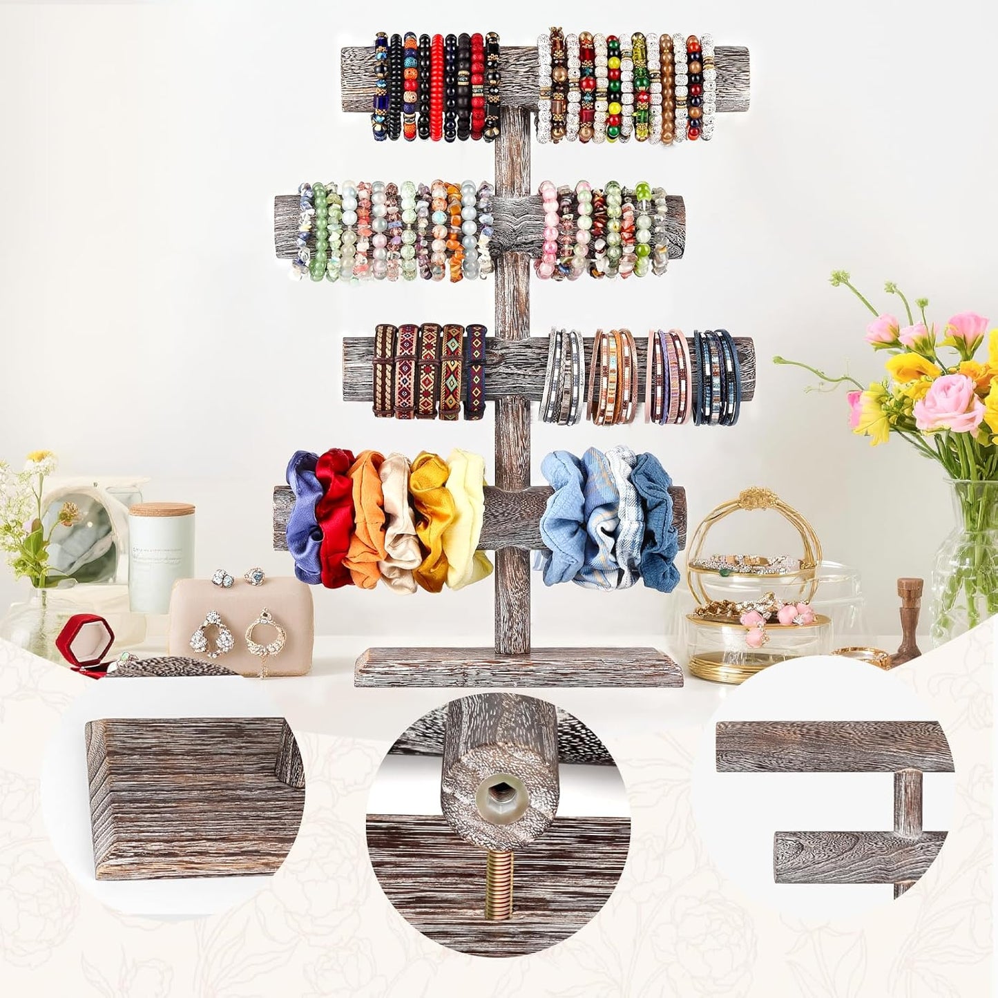 LadyRosian 4 Tier Wooden Display Jewelry Accessory Stand Jewelry Bracelet Holder Bangle Watch Necklace Storage Jewelry Holder Stand Display Organizer, (Antique White-4 layers)
