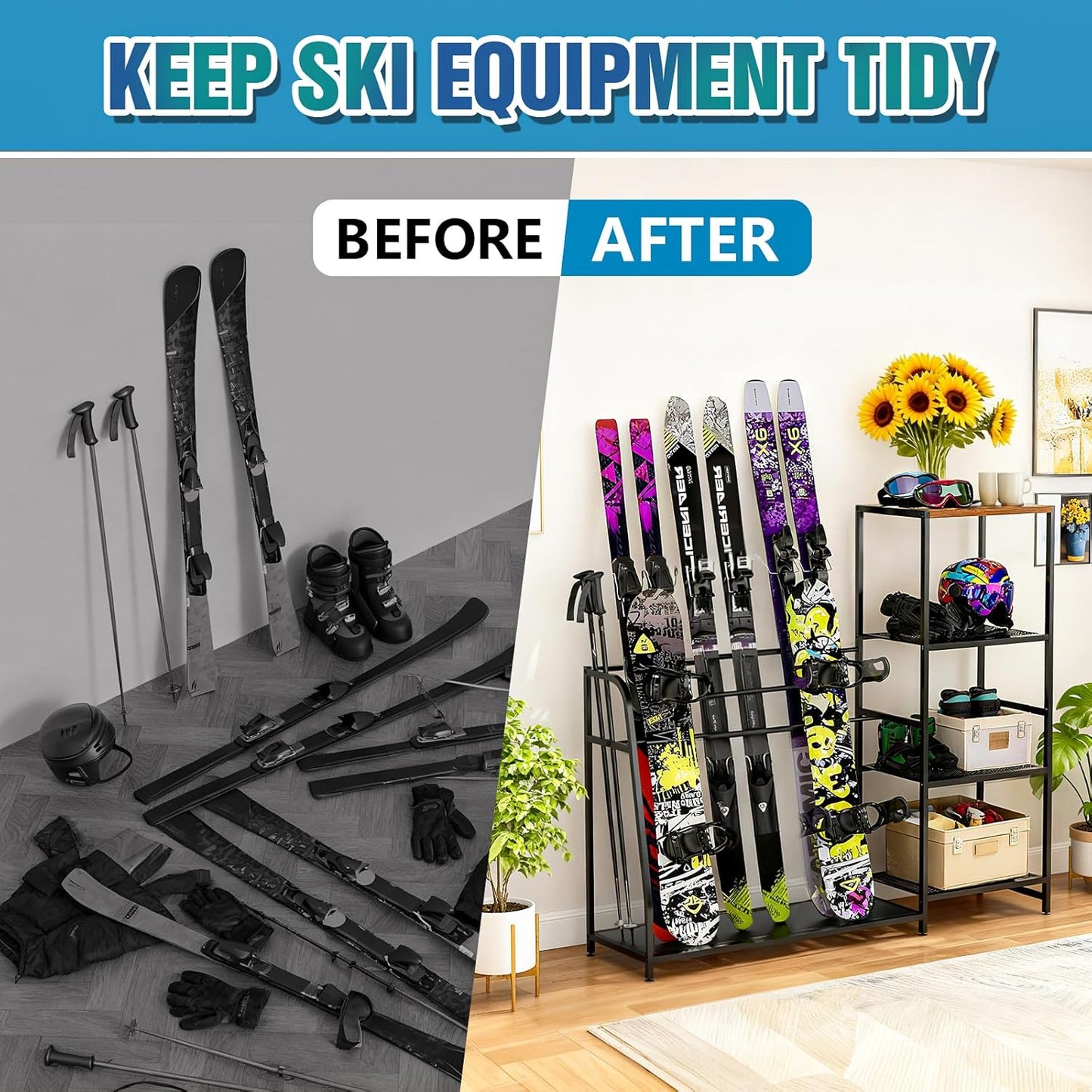 Ski-Snowboard Storage Rack Holder - Freestanding Ski Equipment Organizer Snowboard Boot Stand Garage Gear Storage