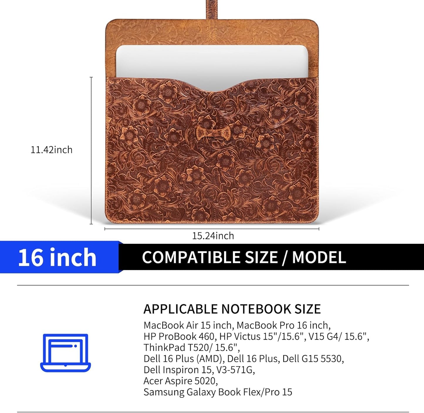 Genuine Leather Laptop Sleeve,Compatible with MacBook Pro 16 Inch M4 M3 M2 M1 Pro/Max＆MacBook Air 15 Inch M4 M3 M2 Cover,Vintage Protective Computer Case with Floral Pattern,Buckle Brown