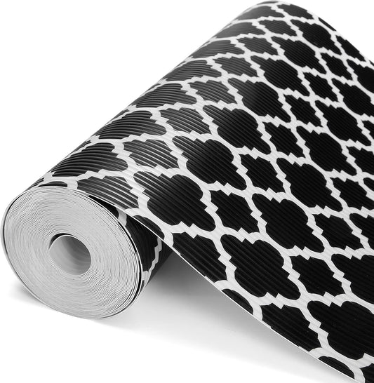 Glotoch Shelf Liners for Kitchen Cabinets 17.5” x 30 ft, Non Slip Drawer Liner, Waterproof Cabinet Liner for Wire/Pantry/Closet/Dresser-Non Adhesive, Heavy Duty, Quatrefoil, Black&White