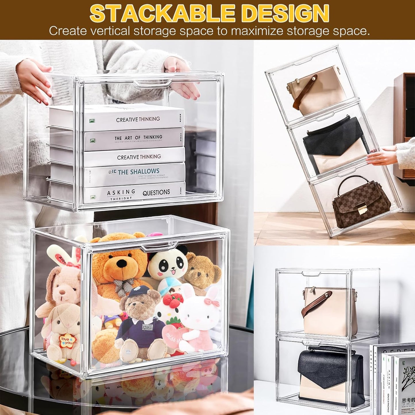ULENDIS 4 Packs Plastic Purse Storage Organizer for Closet, Clear Display Case for Purse and Handbag, Stackable Storage Boxes Organizer with Magnetic Door for Wallet Book Cosmetic Toys Display