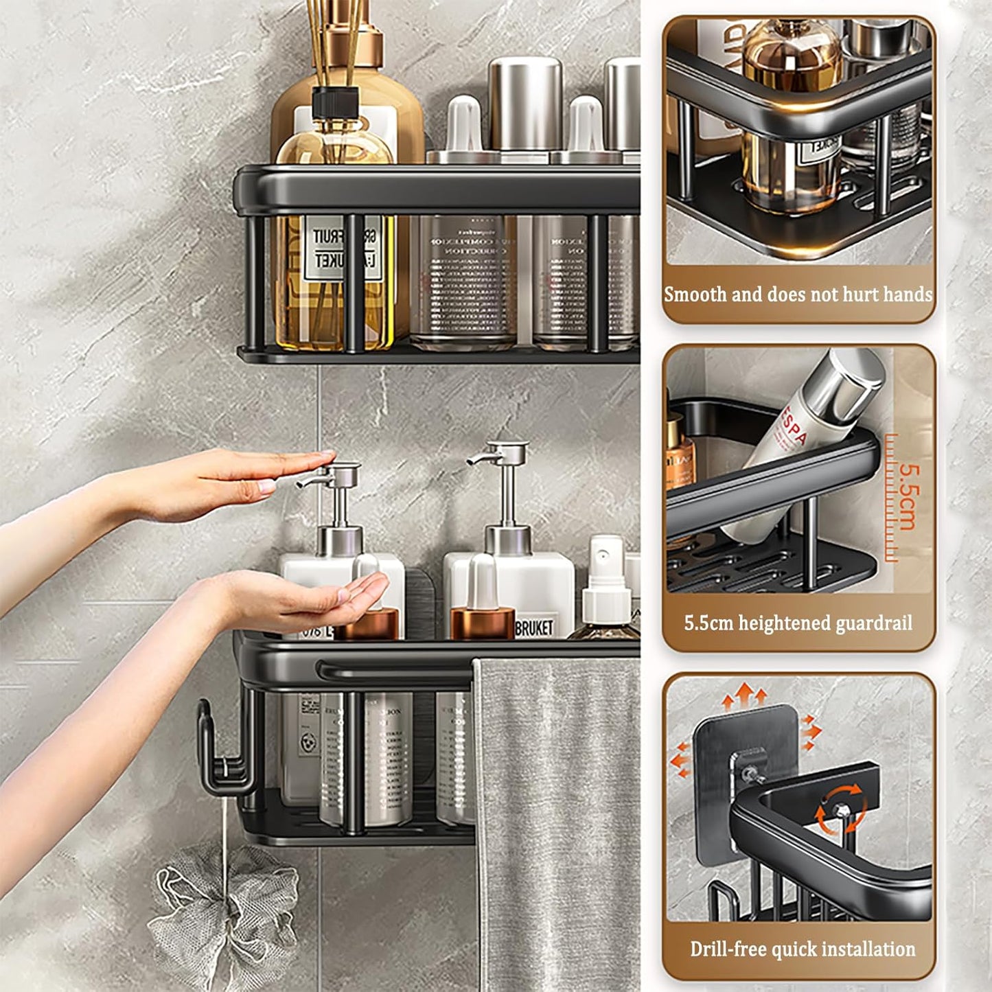 Shower Caddy Adhesive 2Pack with Hooks and Rod for Towels Black-Premium Bathroom Shower Shelves Shampoo Organizer Rack Storage Bathtub Shelf Rustproof Easy Installation Sturdy Build Sleek Modern Look