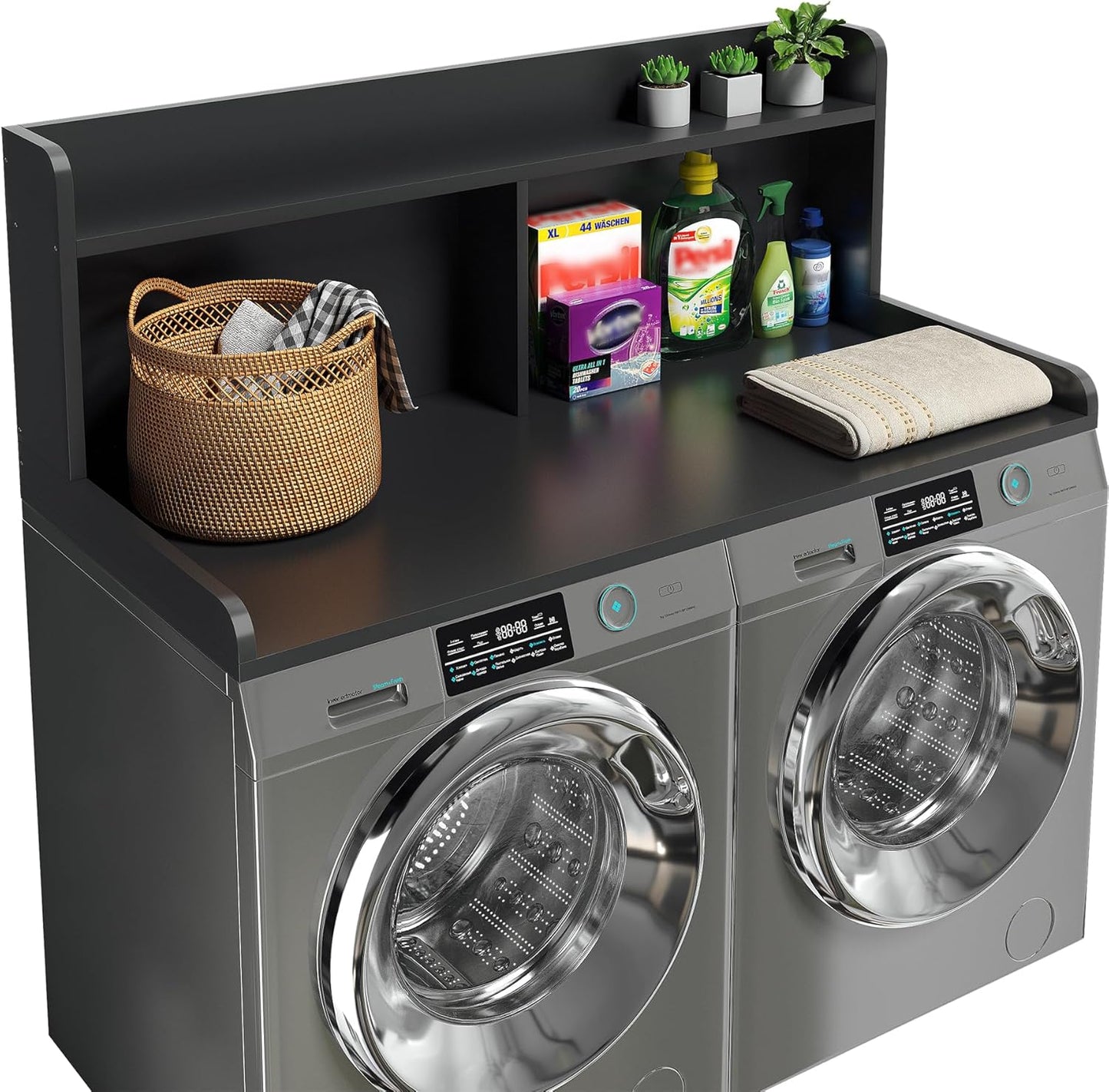 2-Tier Washer Dryer Countertop, 18.5" Raised Height Laundry Countertop with Edge Rails and Non-Slip Pad, 54"W x 27.55"D Washer and Dryer Topper for Laundry Room Storage Organization (Black)