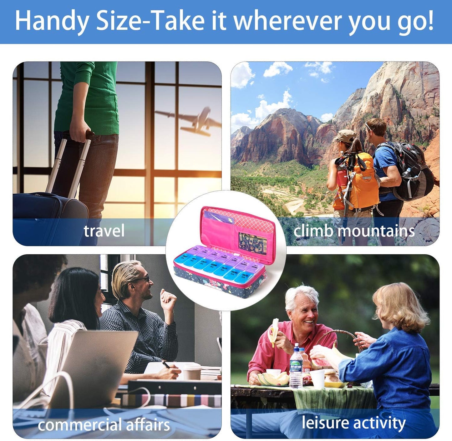 Weekly Pill Organizer 2 Times a Day, Zumd Pill Box 7 Day with Cute Quilted Fabric Zipper Case, Travel Pill Case Am Pm for Vitamin Medicine Organizer
