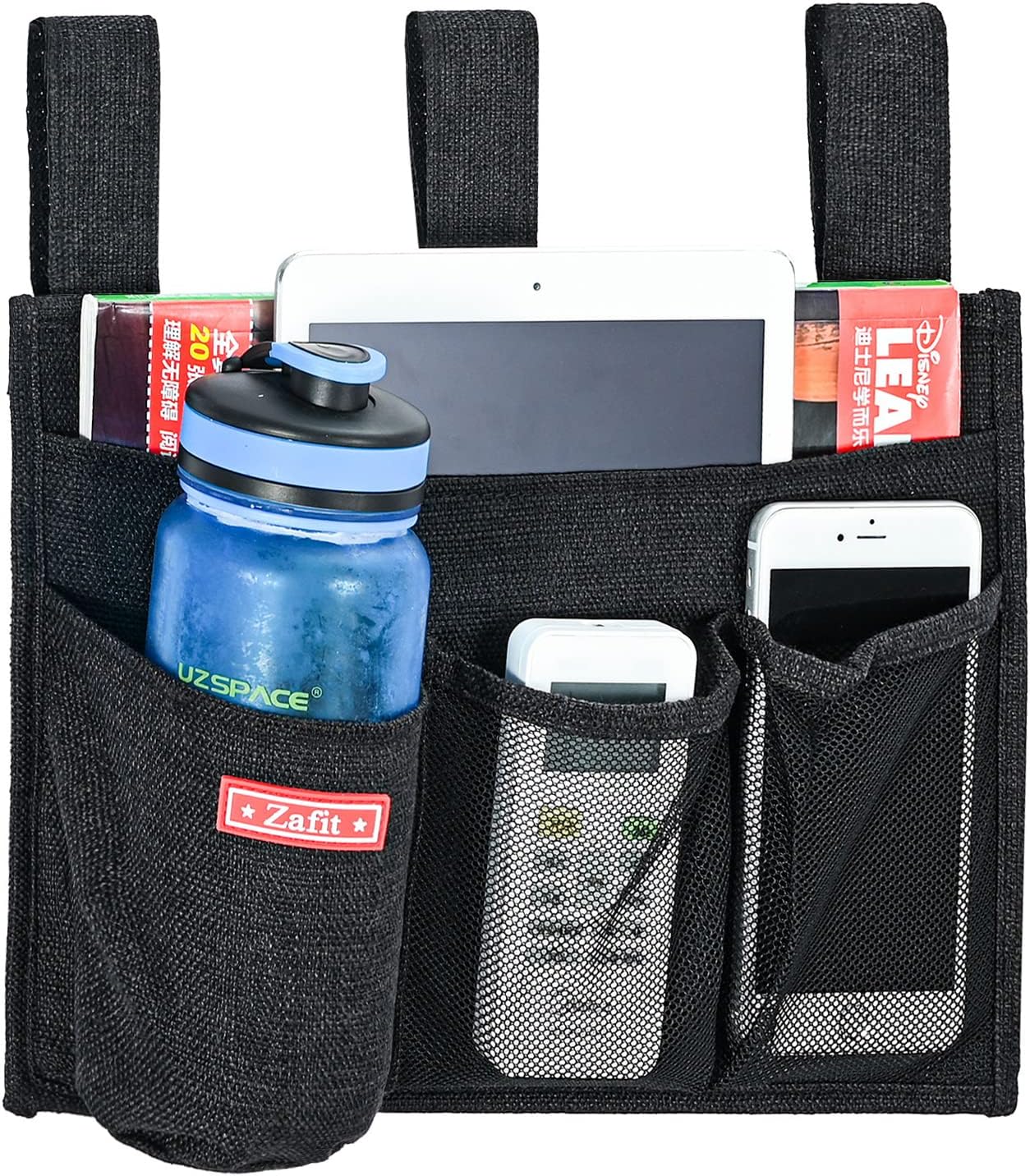 Linen Bedside Caddy, Bedside Storage Organizer for Hospital Beds, College Dorm Rooms or Baby Bed (4 Pockets-Black)