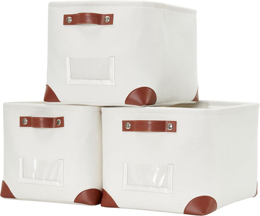 DECOMOMO White Storage Bins Fabric Storage Baskets for Shelves & Linen Closet Organization (Creamy White W/ Label holder, Large - 3 Pack)
