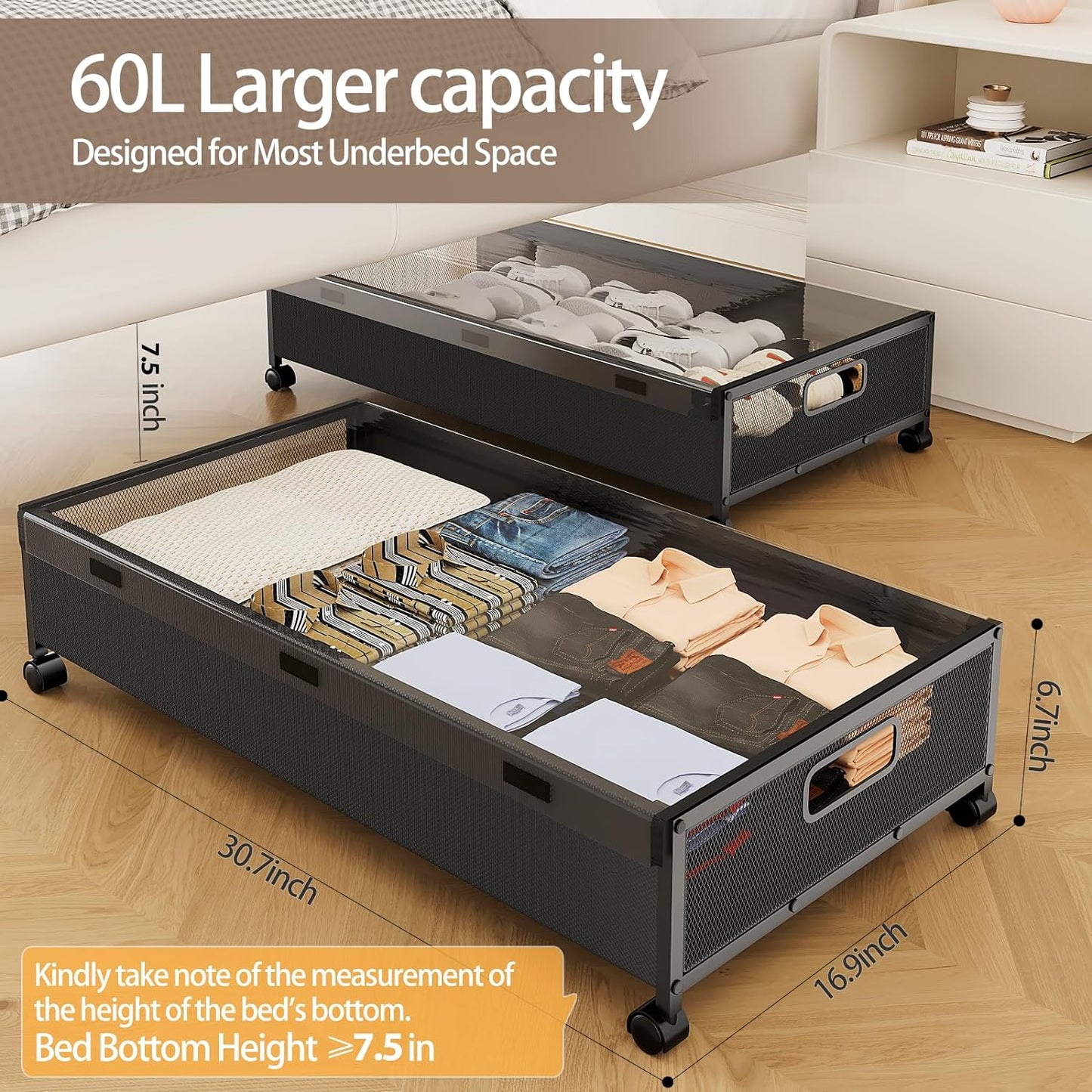 KITHELP Under Bed Storage with Wheels,2 Pack Under Bed Shoe Storage, Under the Bed Storage Drawers with Remove Window, Extra Large Rolling Under Bed Storage Metal Drawer for Clothes (Black-2 pack)