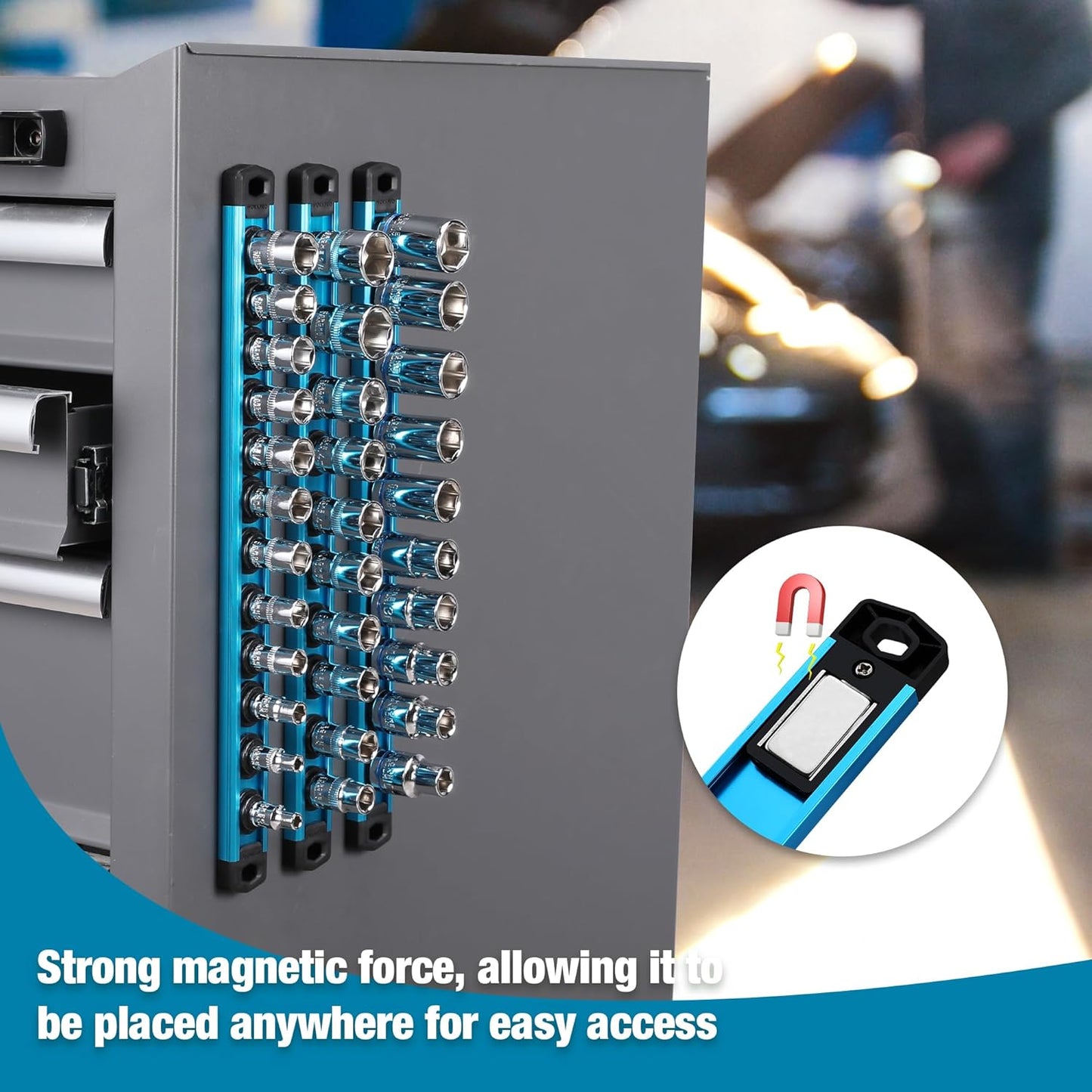 WORKPRO Magnetic Socket Organizer, 1/2-Inch Drive Aluminum Alloy Socket Rail, Heavy Duty Socket Holder, Socket Rack Kit 1/2-Inch x 10 Clips Sky Blue (Socket not Included)