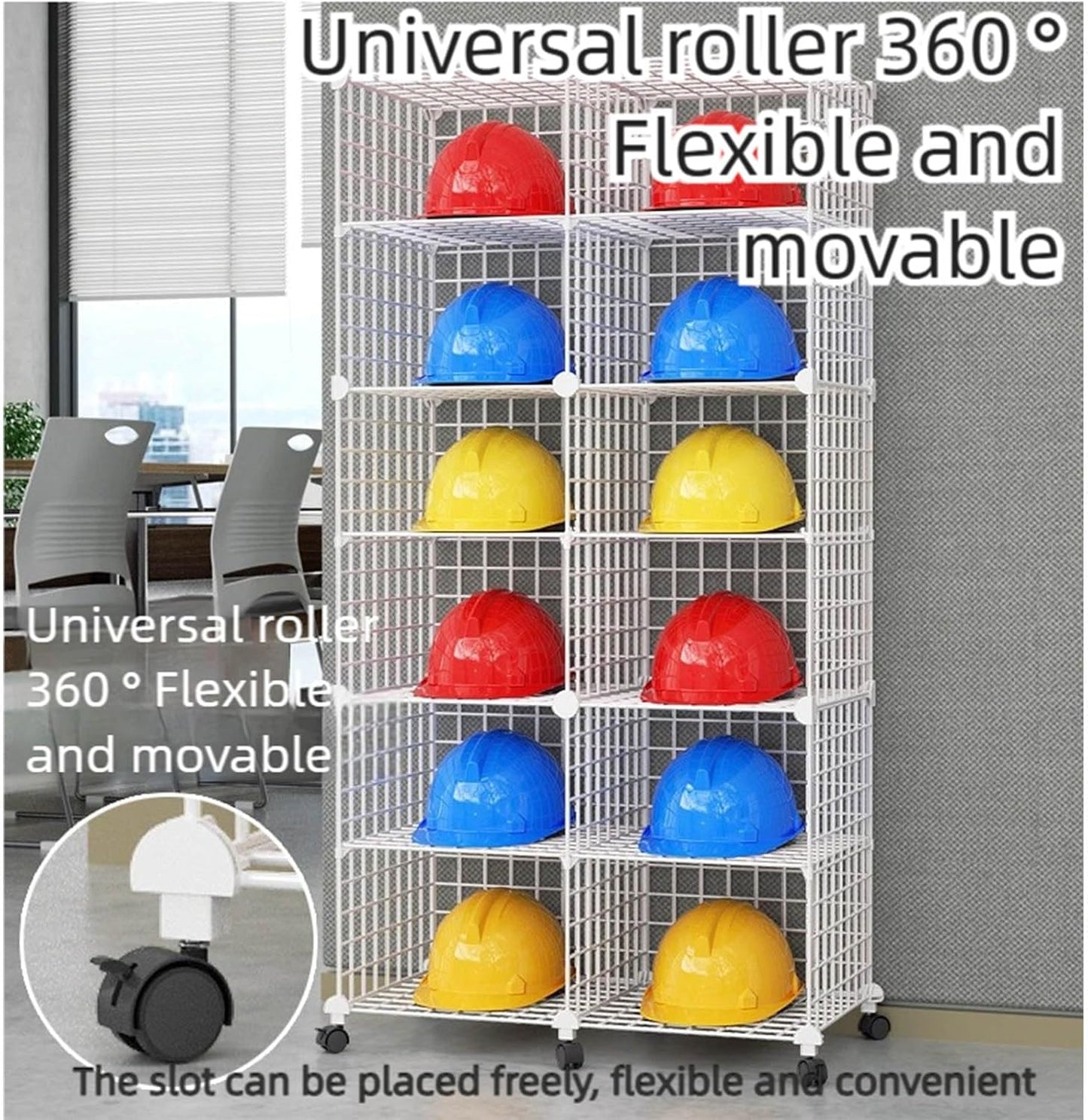 Stackable Safety Helmet Storage Boxes, Large Adjustable Hard Hat Placement Organizer Rack,with Wheels,for Construction Site/Garage/Workshop/Factory Helmet Display Shelf (Black, 8 Grids-1 * 8)