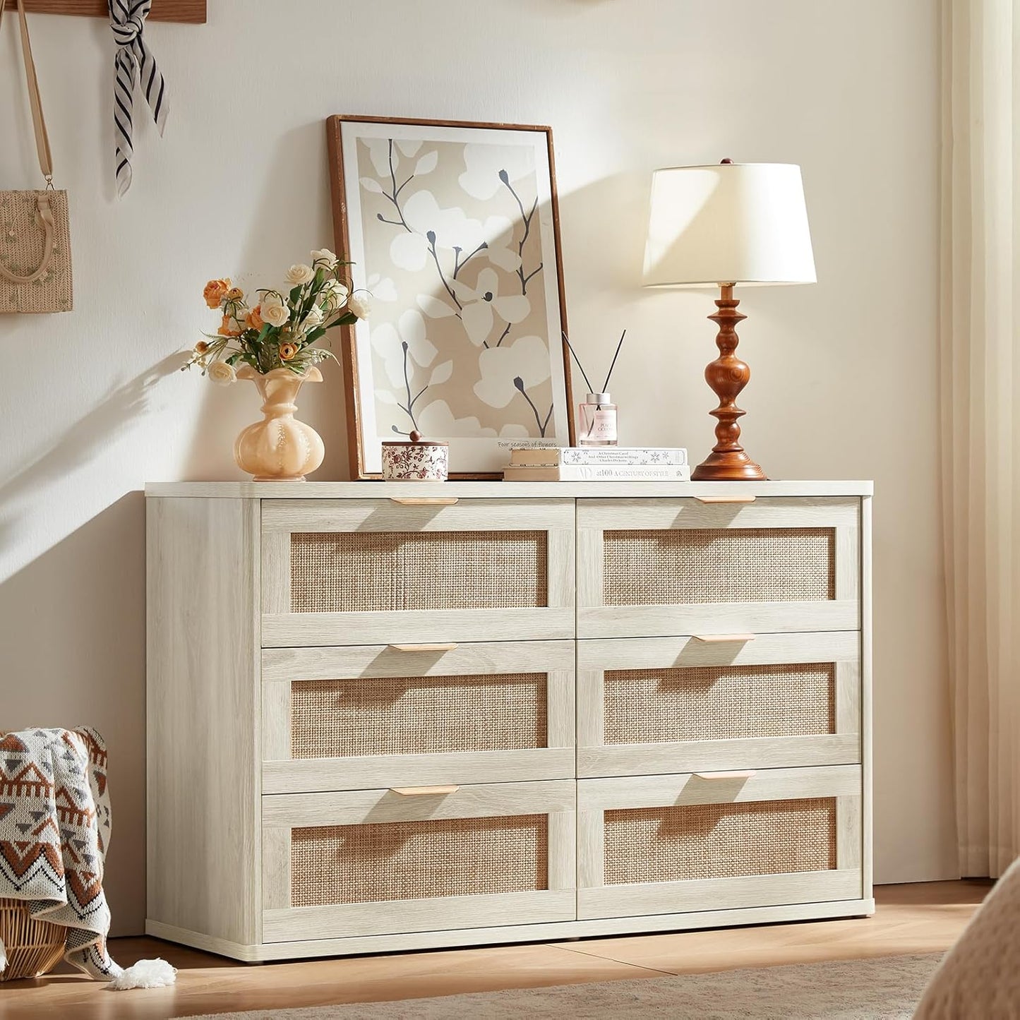 LEYAOYAO Rattan 6 Drawer Dresser for Bedroom, Boho 48" Wide White Dresser Chest of Drawers, Dressers TV Stand with Metal Handle, Storage Dressers Closet Organizer for Living Room, Hallway