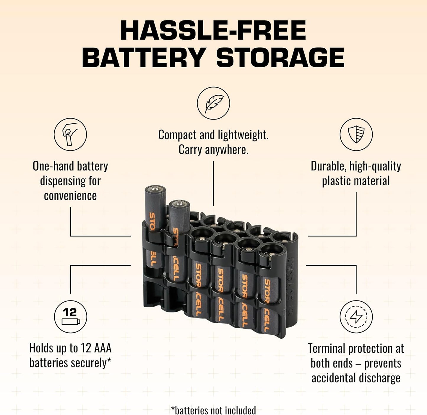 Storacell by Powerpax AAA Battery Storage Caddy, Black, Holds 12 Batteries (Not Included)