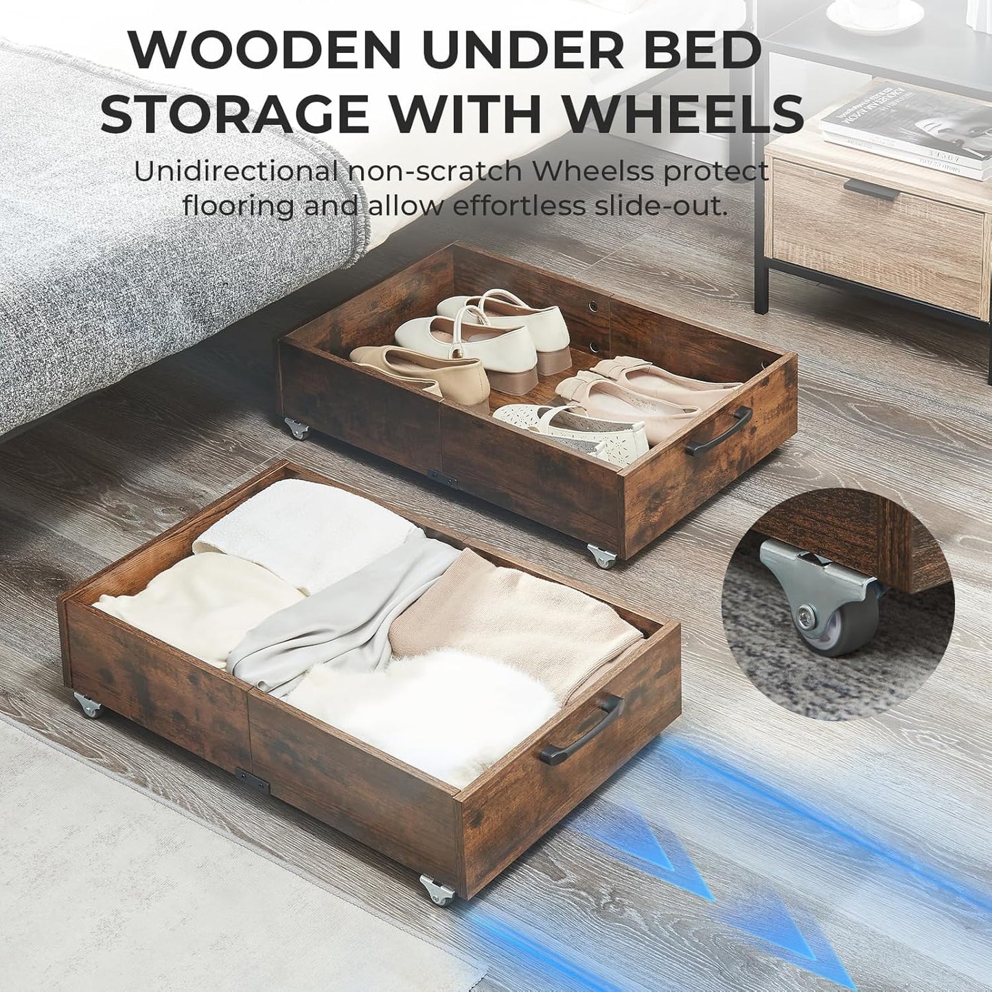 Under Bed Storage with Wheels, 2-Pack Under Bed Shoe Storage Organizer Drawer, Composite Wood Organizer for Shoes Clothes Containers in Bedroom for Clothes,Shoes(Brown)