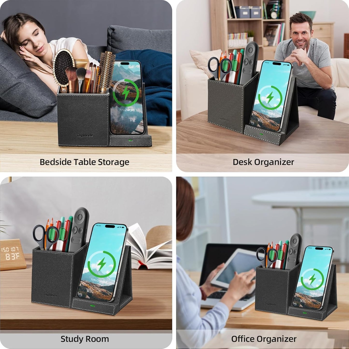 TopMade Wireless Charger with Pen Pencil Holder, Leather Mltifunctional Desk Nightstand Organizer, Fast Charging Station Remote Control Holder, Office Supplies Desk Accessories, Gifts for Men(Black)