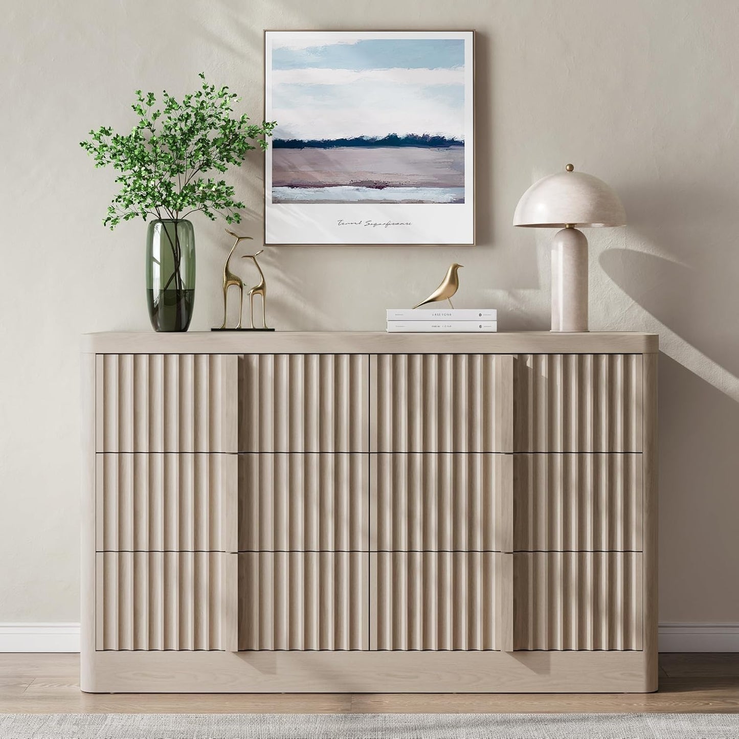 Fluted Dresser for Bedroom, 47" Wide Chest of Drawers, Modern 6 Drawer Dresser with Solid Wood Handle, Curved Profile Design, Wood Dressers Storage Organizer, Living Room, Hallway, White Alder