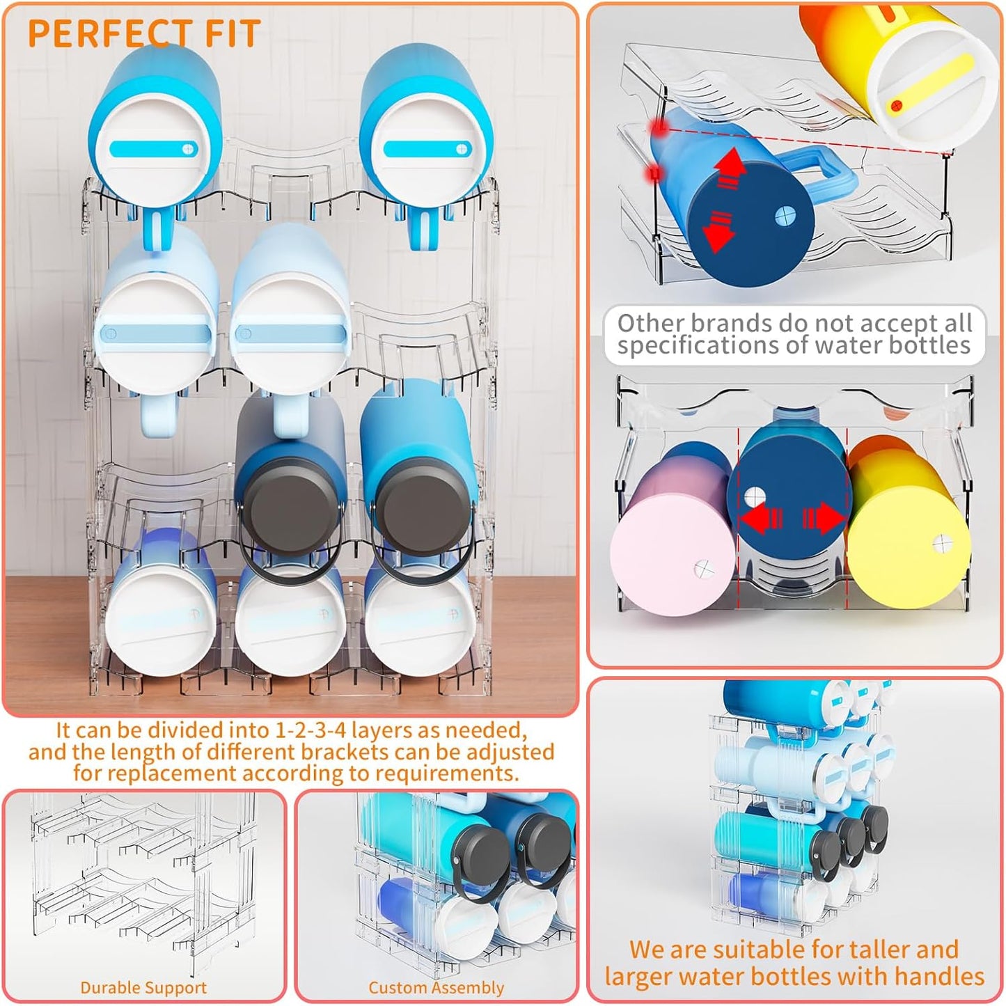 Yieach Stackable Water Bottle Organizer for Cabinet Yeti or Stanley Storage Organizers - Larger Compartment for 40 oz Stanley Cup Holder and Other Tumbler Organizers,Waterbottle Rack for Pantry,4 Tier
