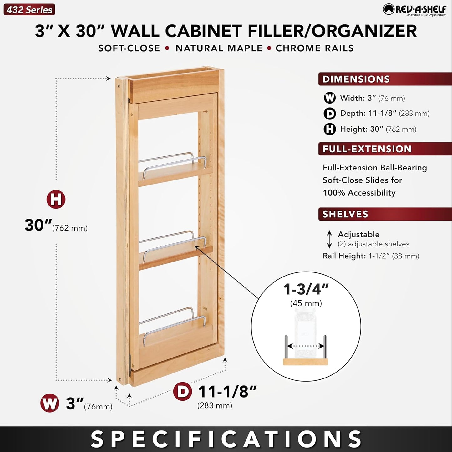 Rev-A-Shelf Kitchen Cabinet Pullout Wall Filler Wooden Organizer Slide Out Pantry Storage w/Soft-Close in Multiple Sizes, Maple Wood, 432-WFBBSC30-3C