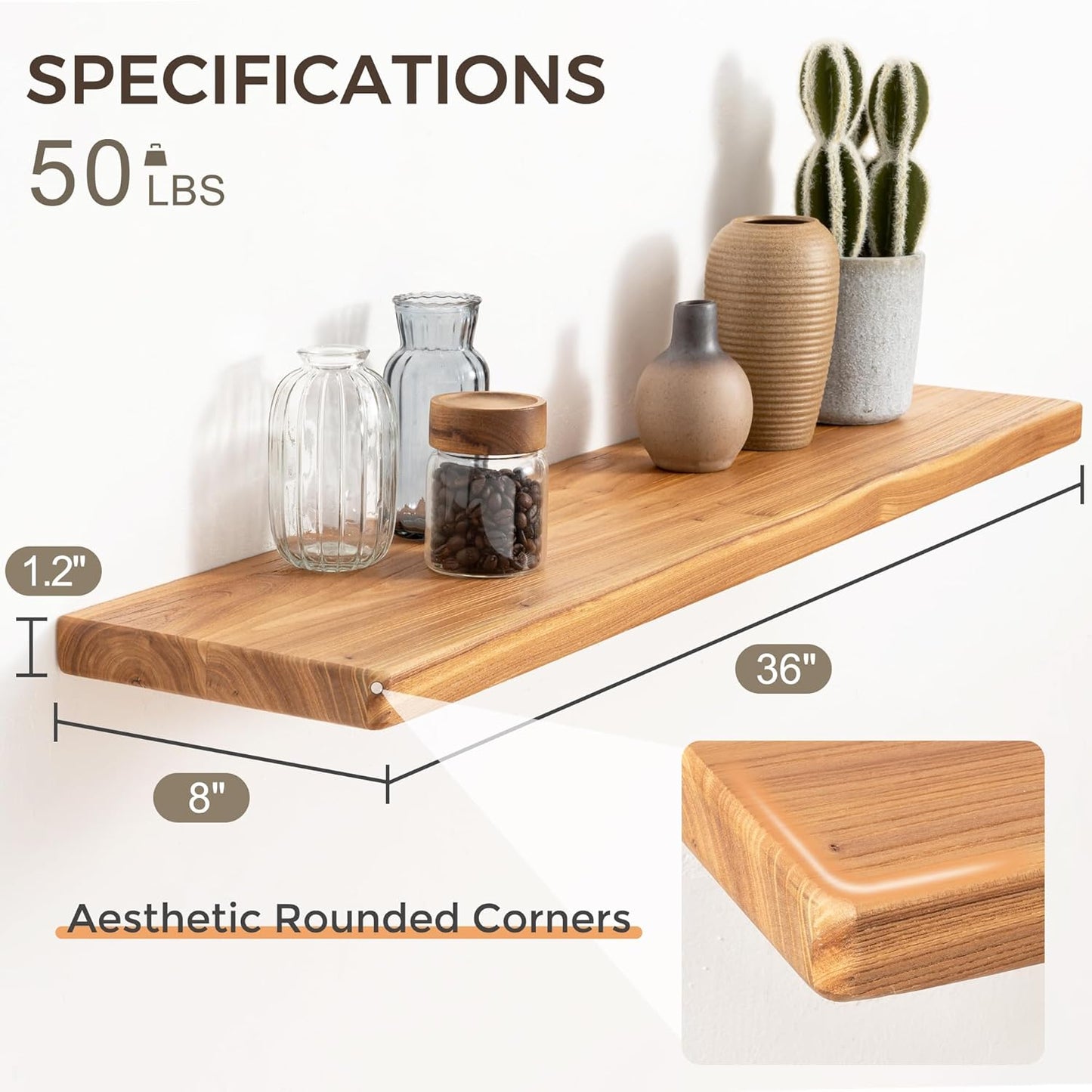 36" Rustic Elm Wood Floating Shelves, 8 Inch Deep Wall Shelves for Home Decor, Wall Mounted Floating Shelf with Invisible Bracket, Heavy-Duty Storage & Display Shelf for Living Room, Kitchen, Set of 2