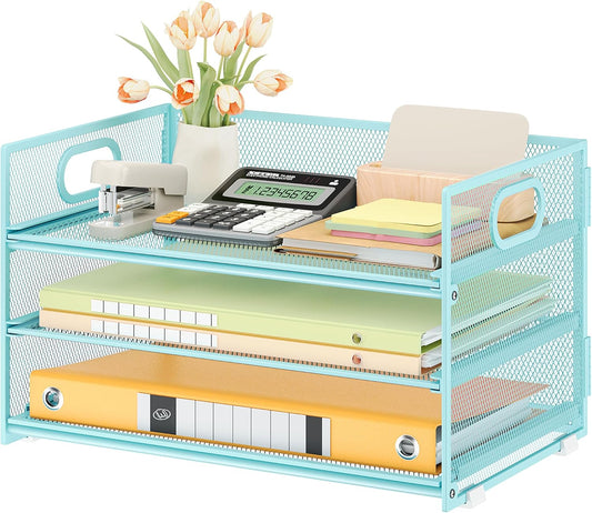 Subekyu 3 Tier Paper Desk Organizer with Handle and 1 PC Slideable Letter Tray, A4 Paper File Folder Sorter Metal Mesh Organizer for Home Office School Desk Supplies Organization Storage, Blue