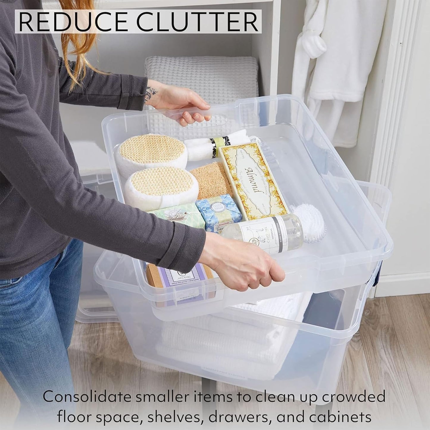 Rubbermaid Cleverstore 74 Qt Clear Storage Bins with Lids and Nesting Tray, 4-Pack, Stackable, BPA-Free, Made in USA