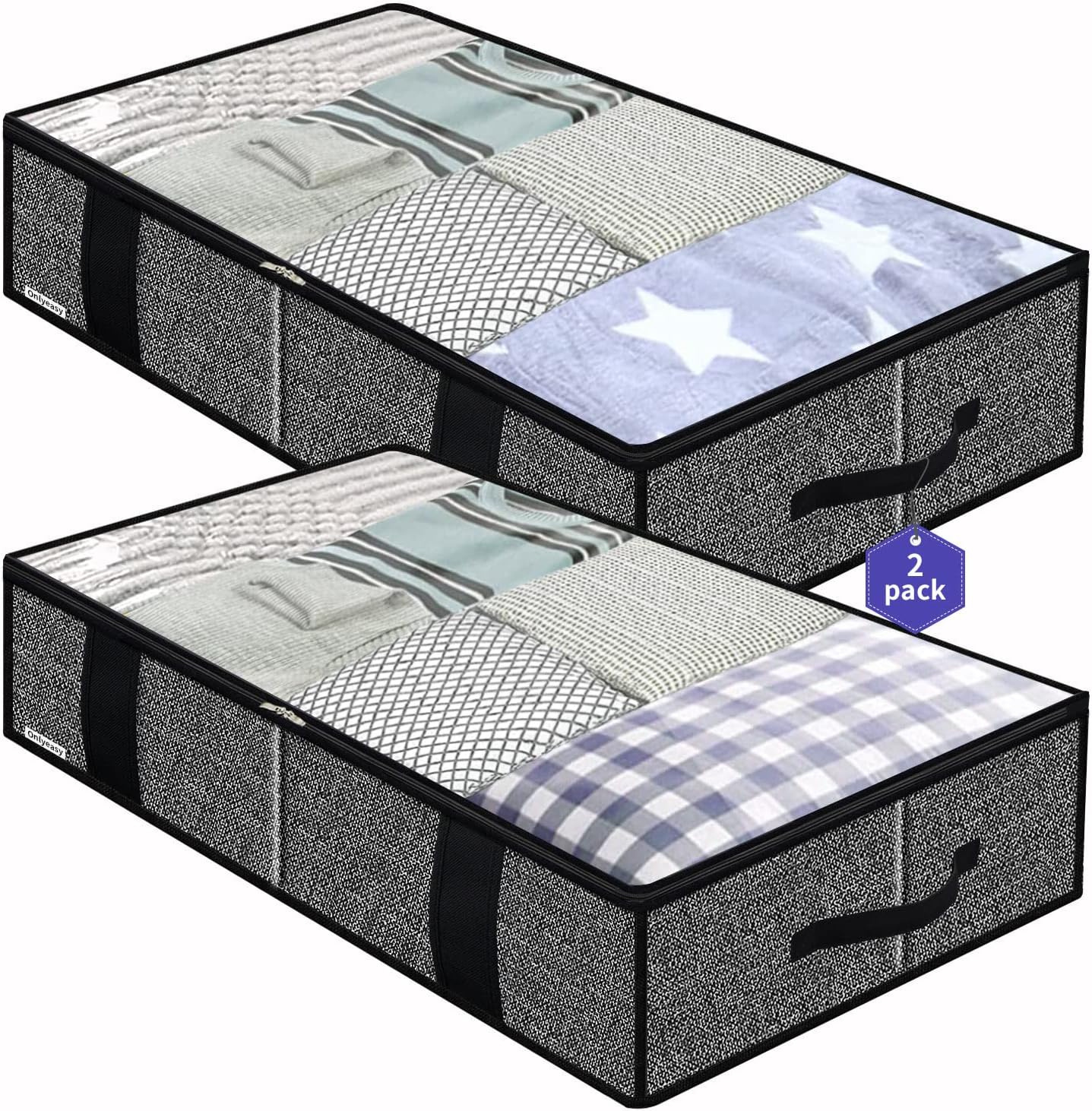 Onlyeasy Underbed Fabric Storage Bags Organizer with 4 Handles, 2 Zippers and Large Clear Window, for Clothes, Blankets, Bedding, Foldable with Sturdy Structure, 2 Pack, Linen-like Black, MXAUBBSS2P