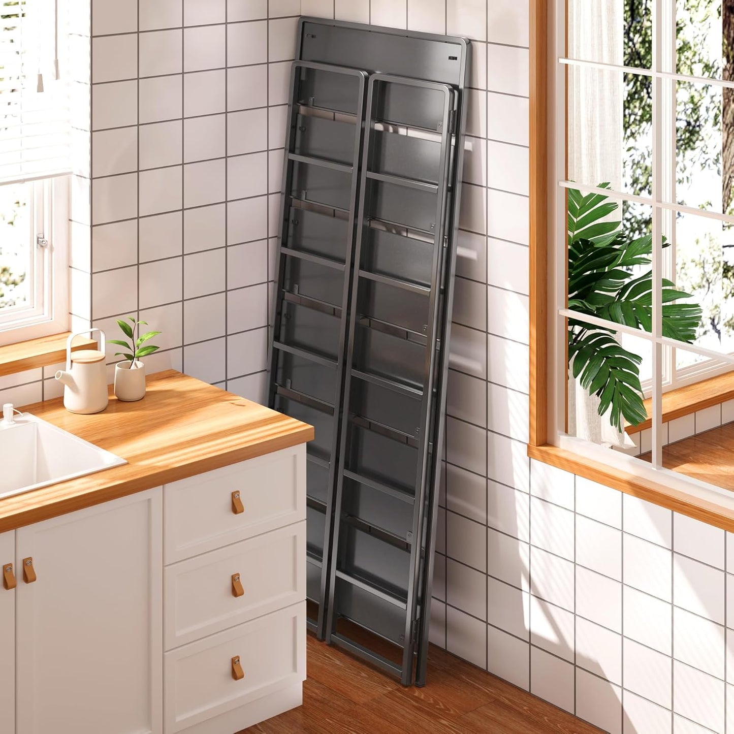 4NM No Assembly 6 Tiers Folding Bookshelf Storage Shelves Vintage Bookcase Standing Racks Study Organizer Home Office (All Black)