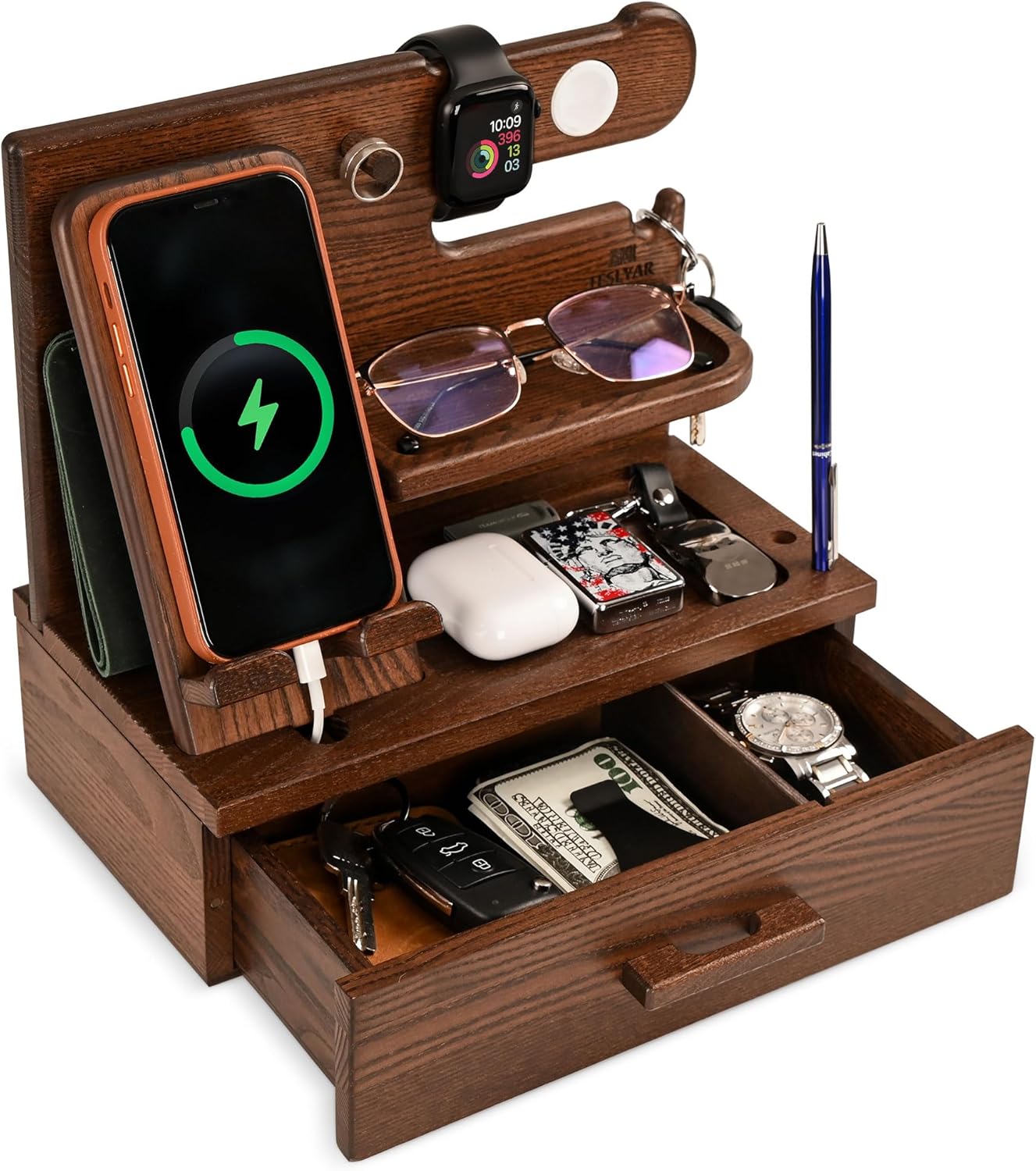 TESLYAR Wood Phone Docking Station with Drawer - Nightstand Organizer - Desk Organizer for Husband - Birthday Gifts for Men, Dad, Anniversary Idea, Key Holder Stand Watch & Accessories (Bourbon Brown)