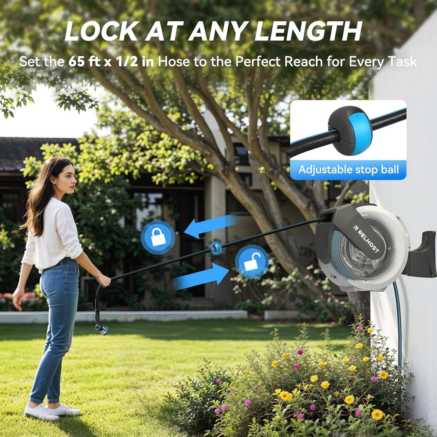Retractable Garden Hose Reel 65 ft x 1/2 in, Heavy Duty Hose Reel Wall Mount with Any Length Lock, Auto Rewind System, 180° Swivel Bracket, 10-Pattern Garden Hose Nozzle, White & Grey