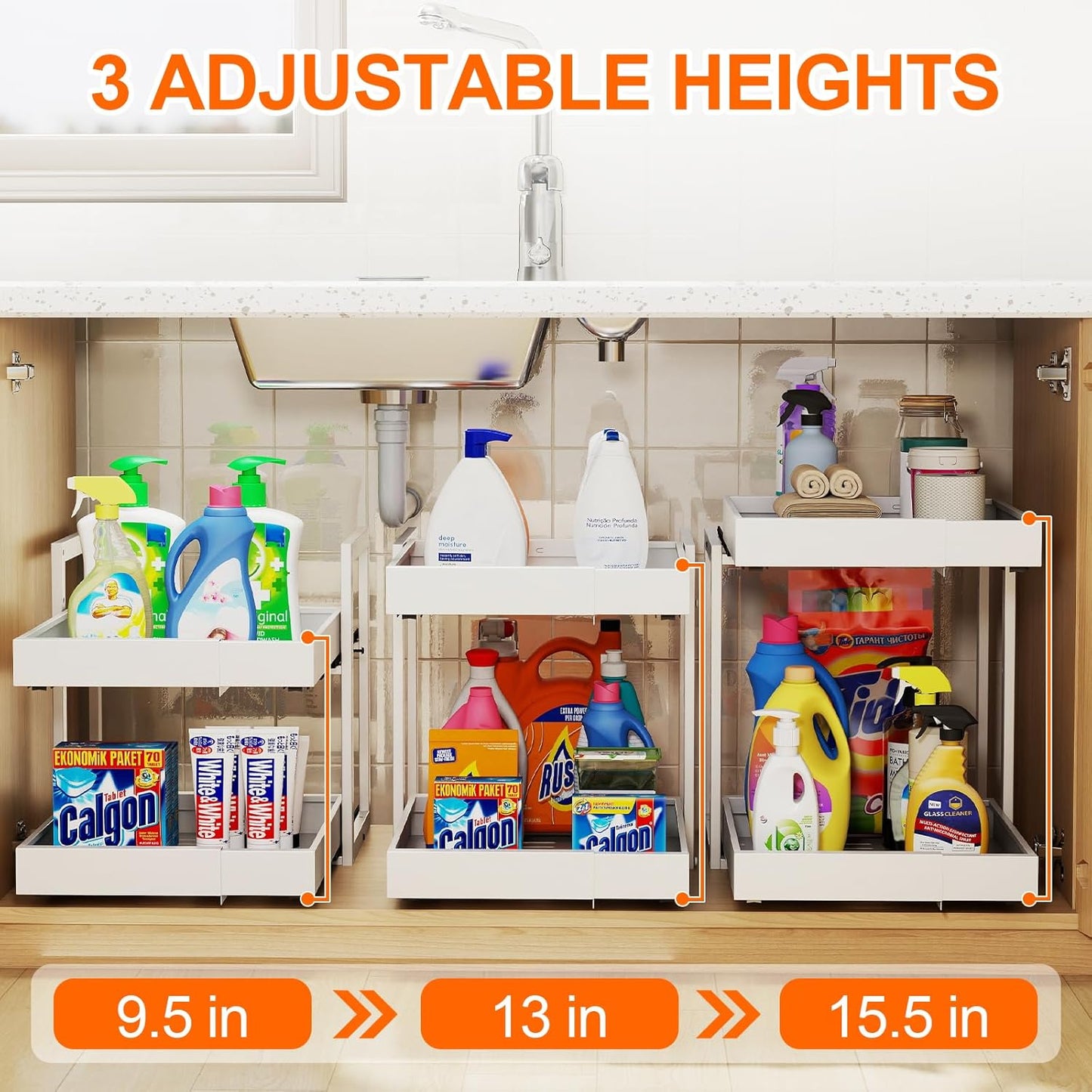 Golener 2-Tier Expandable Pull Out Cabinet Organizer - Slide Out Drawers for Kitchen Cabinets, Bathroom Organizers and Storage, Under Sink Organizer for Kitchen Storage Organization, White Metal Frame